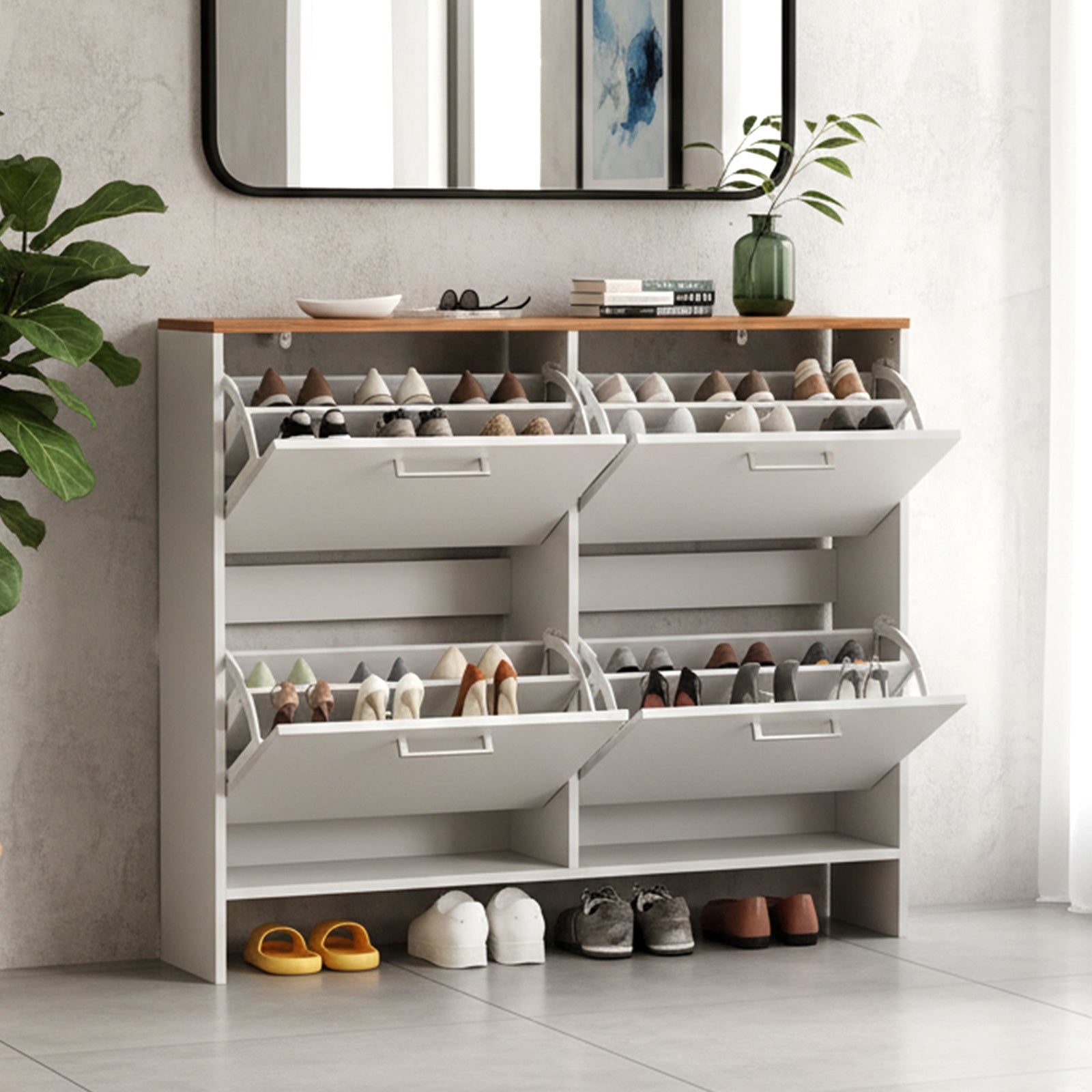 4 Flip Drawers Shoe Cabinet | Slim Shoe Organizer With Adjustable Shelf, Freestanding Hidden Shoe Cabinet For Entryway Hallway, Made Of Particle Board, Modern Style By Leadzm