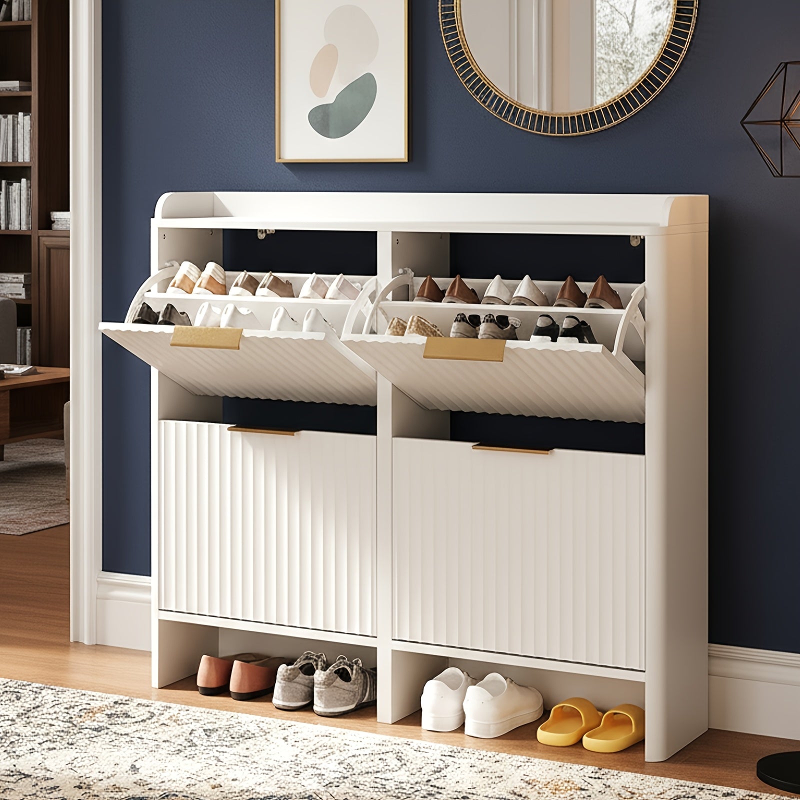 Bonnlo Large Shoe Storage Cabinet with 4 Flip Drawers, Wood Fluted Slim Shoe Organizer with Unique Curved Side Panels, High Capacity Shoe Rack for Hallway Entryway