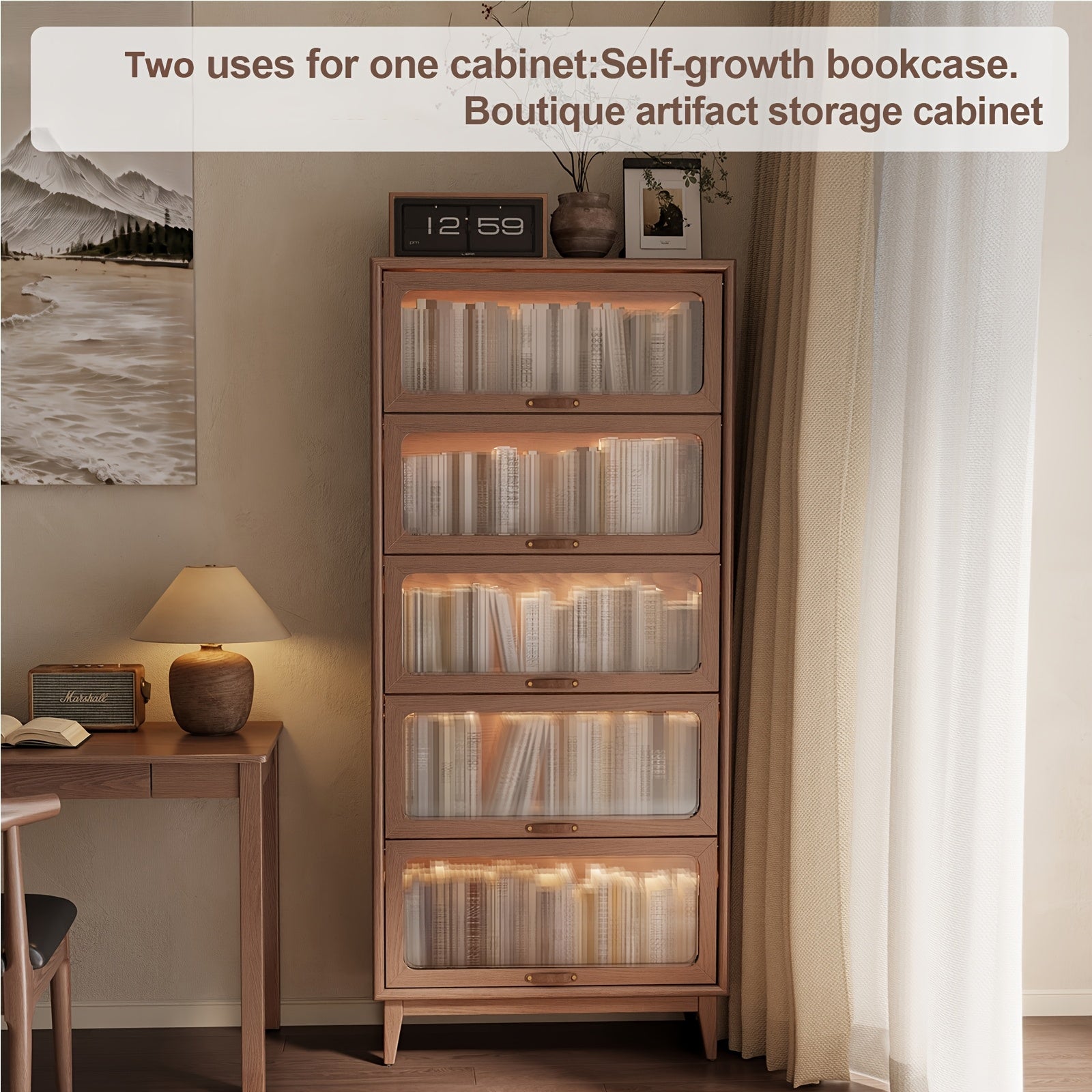 : Solid Wood Bookshelf with Glass Doors, Floor-Standing Storage Shelf, Wall-Mounted Narrow Cabinet with Extra Large Capacity, Bedside Bookcase with Storage Space, Christmas Gift, Black Friday Product