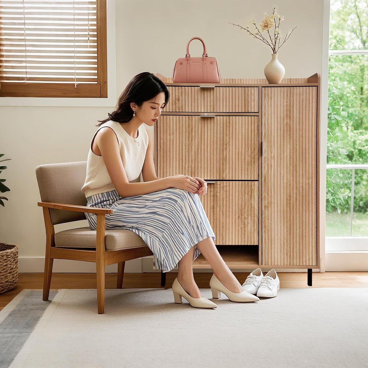 Shoe Storage Cabinet in Oak Narrow Design with Wave Pattern, Includes Double Trays, One Drawer, And Robust Metal Legs for Organizing Your Entryway