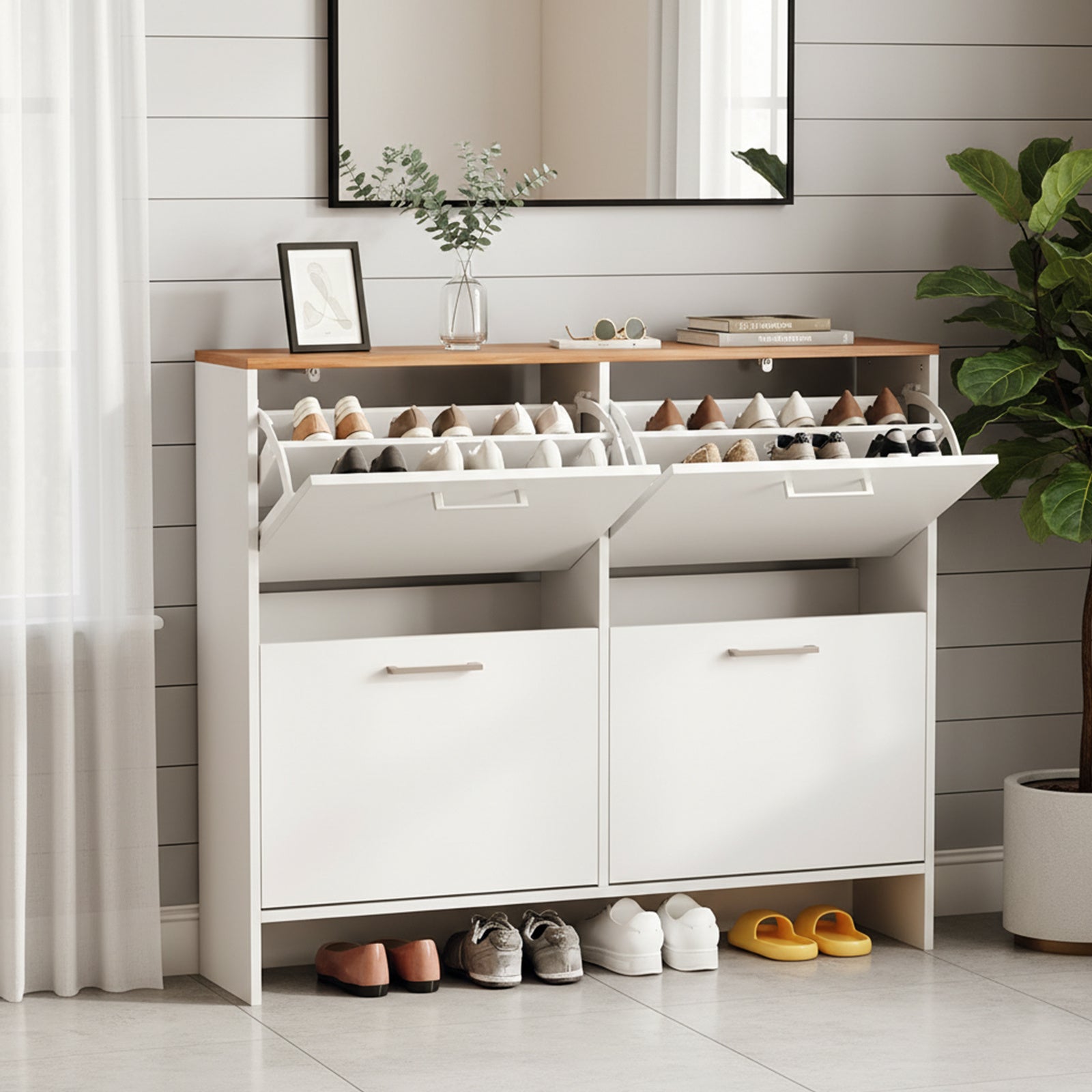 4 Flip Drawers Shoe Cabinet | Slim Shoe Organizer With Adjustable Shelf, Freestanding Hidden Shoe Cabinet For Entryway Hallway, Made Of Particle Board, Modern Style By Leadzm