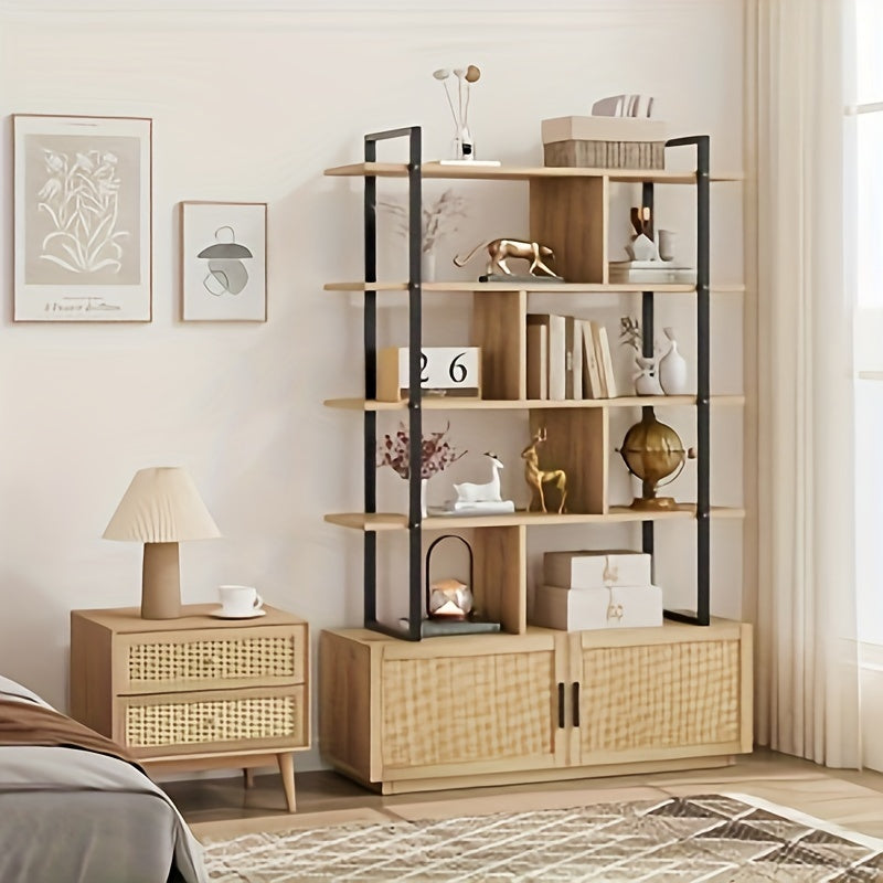 5-Tier Rattan Bookshelf With Storage Cabinet & Doors, 71.1-Inch Tall Industrial Bookcase With Open Shelves, 5-Shelf Display Unit With Metal Frame For Living Room And Bedroom