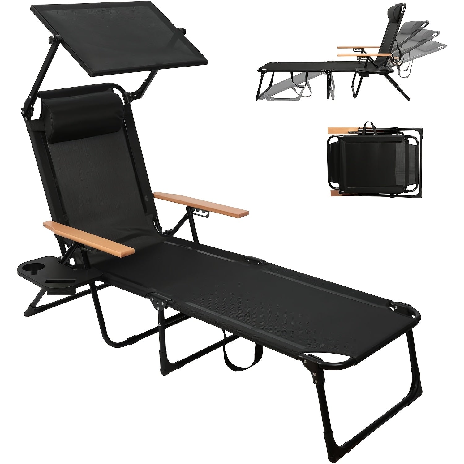 Folding Lounge Chairs for Outside, Beach Patio Lounge Chair with Canopy, Sunbathing\u002FTanning Chair with 4 Adjustable Backrest & Cup & Pillow, Holds 330 Lb, Outdoor Garden Pool