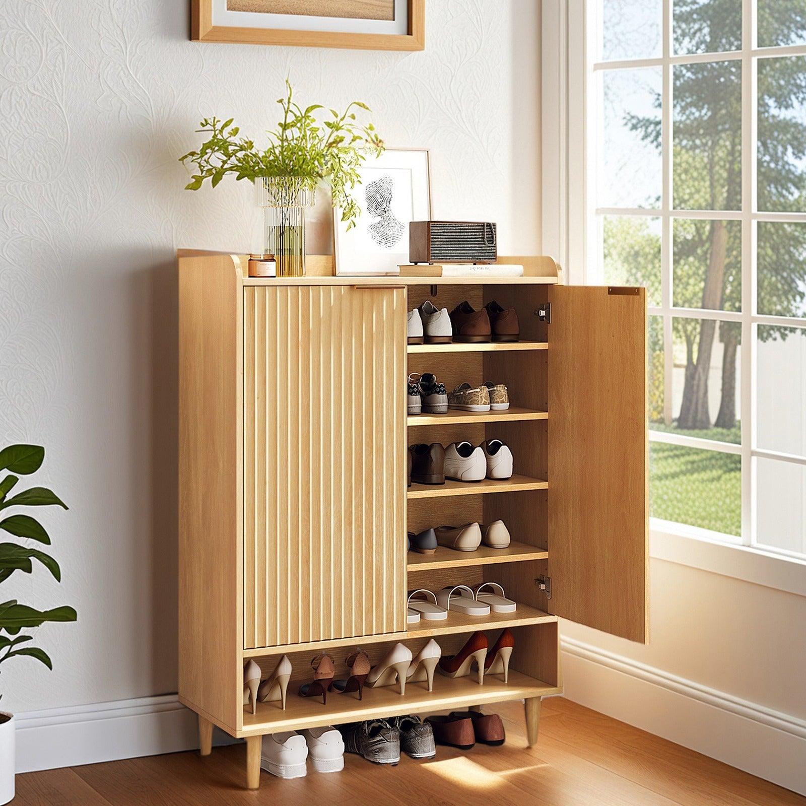 6-Tier Modern Narrow Shoe Storage Cabinet with Doors & Shelves - Freestanding Wood Shoe Organizer Suitable for Entryway, Hallway, Entrance, Space-Saving Shoe Rack Cabinet with Doors for Hallway Organization, Assembly Required (for Small Spaces)