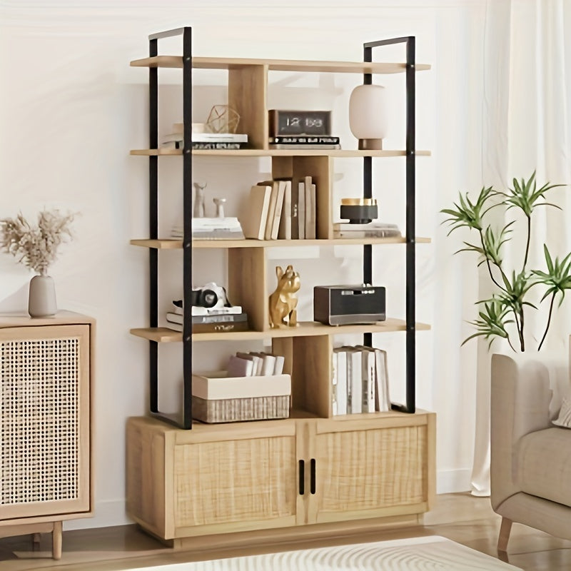 5-Tier Rattan Bookshelf With Storage Cabinet & Doors, 71.1-Inch Tall Industrial Bookcase With Open Shelves, 5-Shelf Display Unit With Metal Frame For Living Room And Bedroom