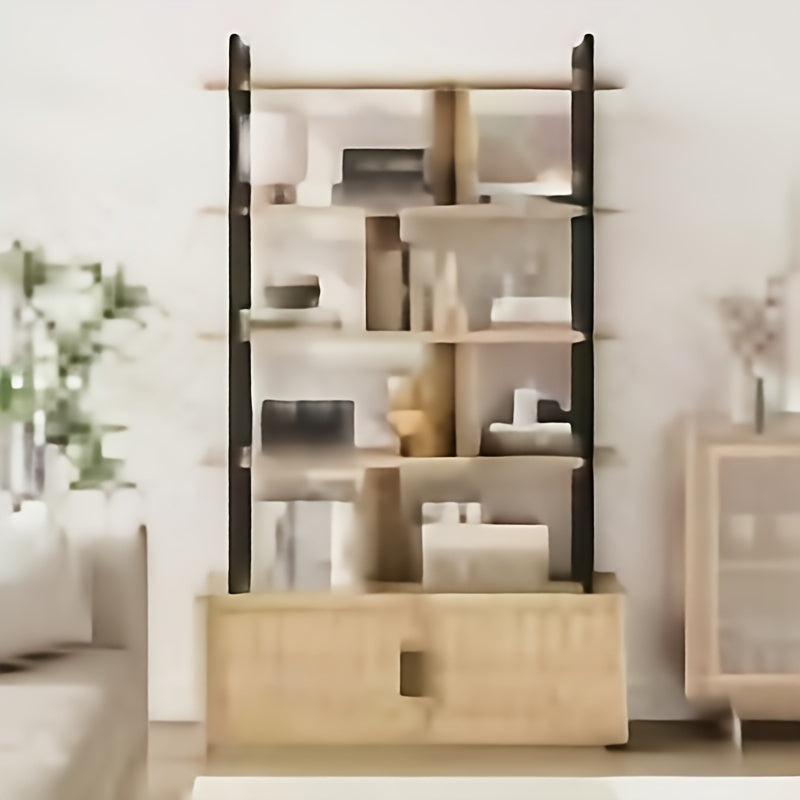 5-Tier Rattan Bookshelf With Storage Cabinet & Doors, 71.1-Inch Tall Industrial Bookcase With Open Shelves, 5-Shelf Display Unit With Metal Frame For Living Room And Bedroom