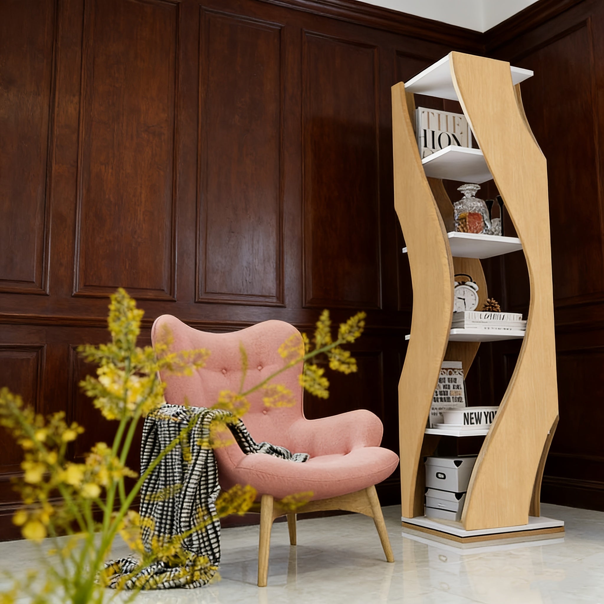 5-Tier Rotating Bookshelf with Corner Shelves - Space-Saving Turnable Bookcase Suitable for Small Spaces, Softwood Freestanding Storage Tower, Modern Rotating Shelves for Home, Office,, Assembly, Wood Color (No)