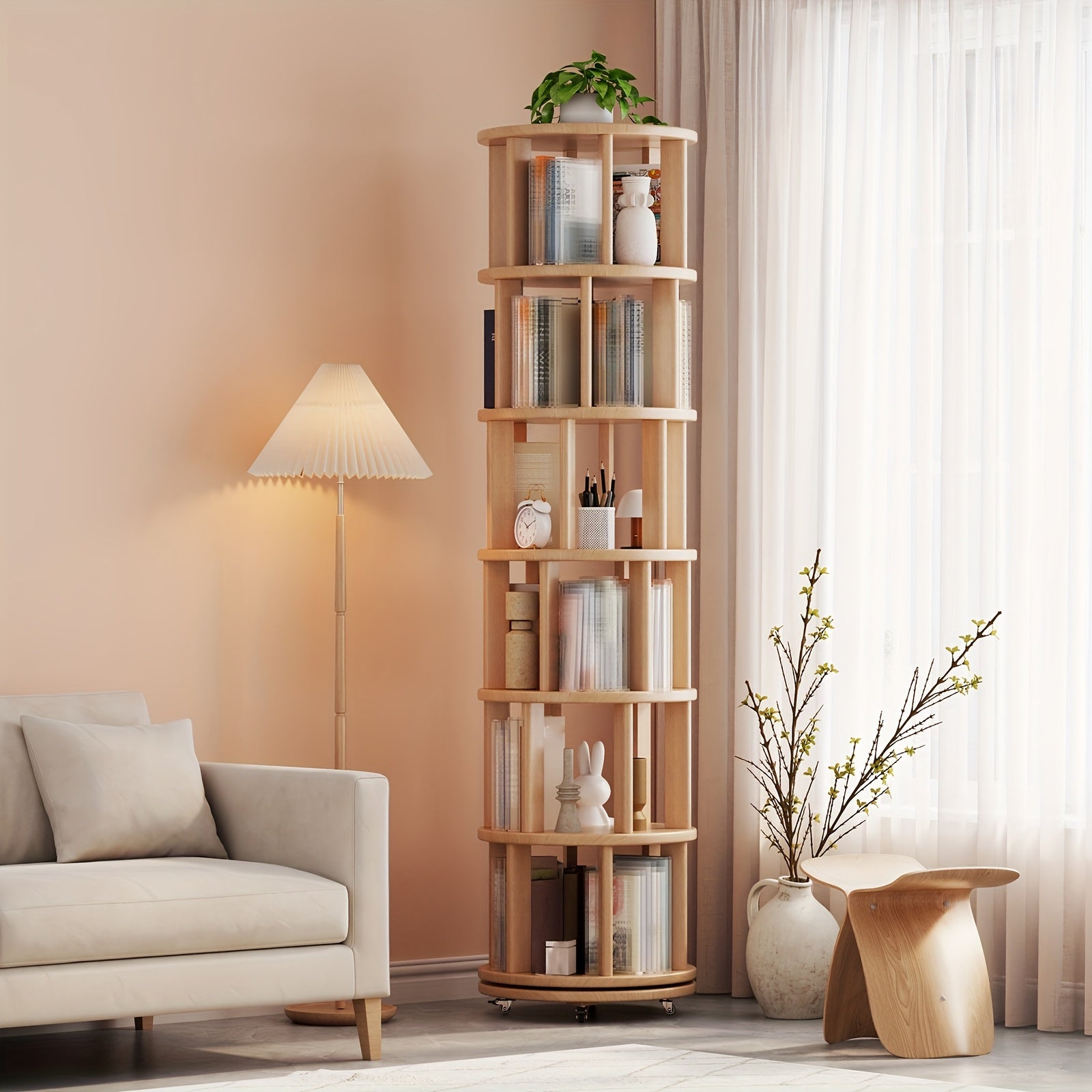 A 4\u002F6-Layer Solid Wood Bookshelf Storage Cabinet That Rotates 360°. This Festive Living Room Furniture Comes with Limited-Time Special Deals. Available in Three Styles