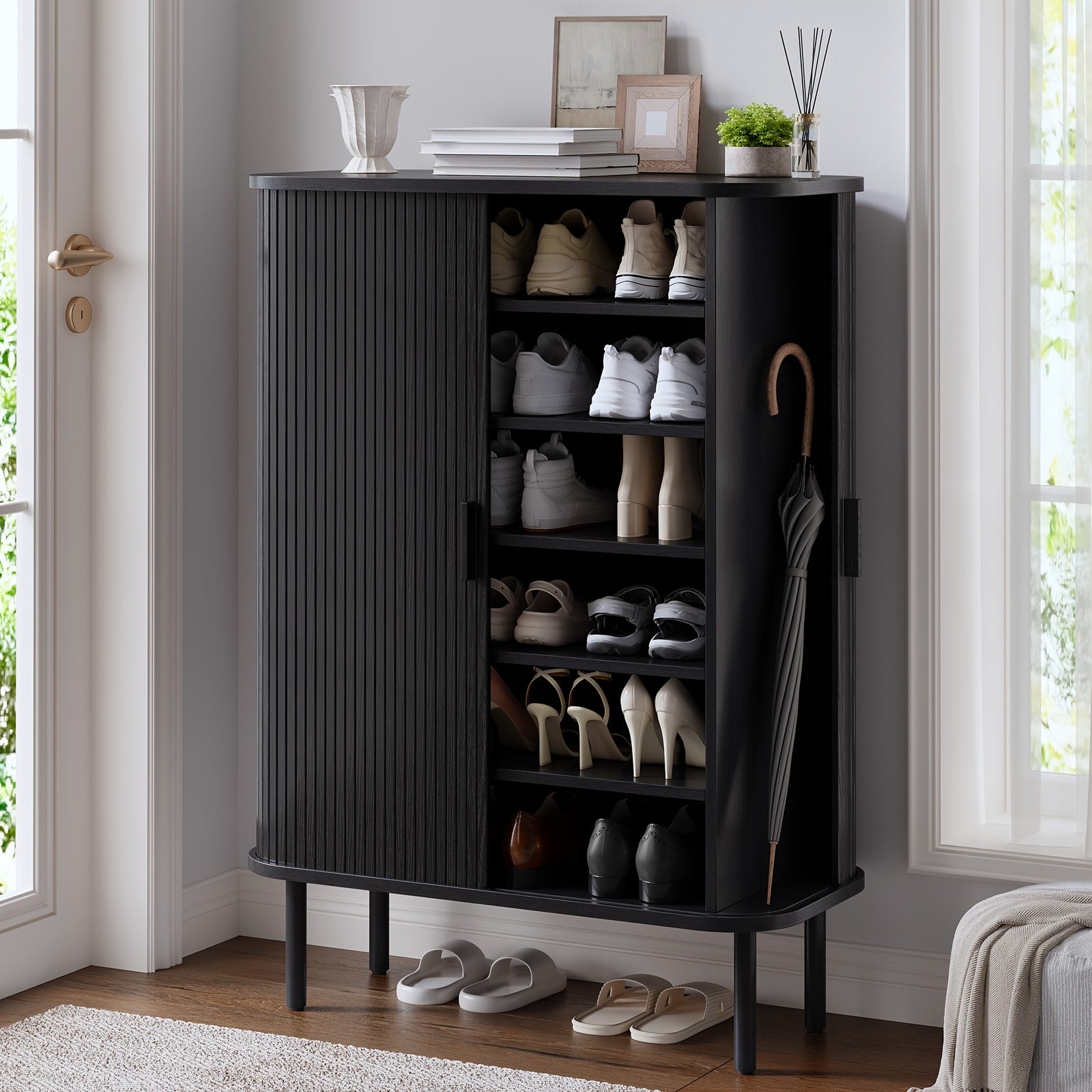 PAZCASA 6-Tier Shoe Cabinet with Sliding Door, Wooden Shoe Storage Cabinet with Adjustable Shelves, Mid-Century Modern Freestanding Shoe Storage Organizer for Entryway, Hallway, Living Room, Walnut