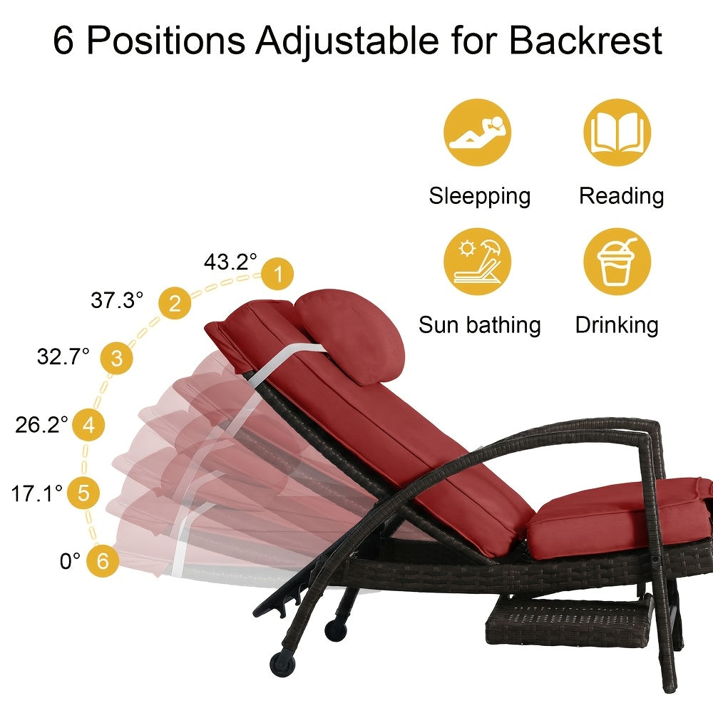 Set Of 2 Chaise Lounge Chairs for Sunbathing, Relaxing, 6-Position Adjustable Outdoor Recliner with Side Table & Wheel, All-Weather PE Rattan Wicker Patio Lounge Chair with Removable Cushion for Poolside Backyard Beach