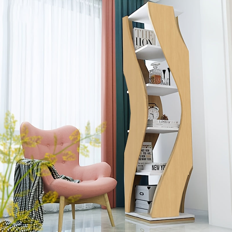 5-Tier Rotating Bookshelf with Corner Shelves - Space-Saving Turnable Bookcase Suitable for Small Spaces, Softwood Freestanding Storage Tower, Modern Rotating Shelves for Home, Office,, Assembly, Wood Color (No)