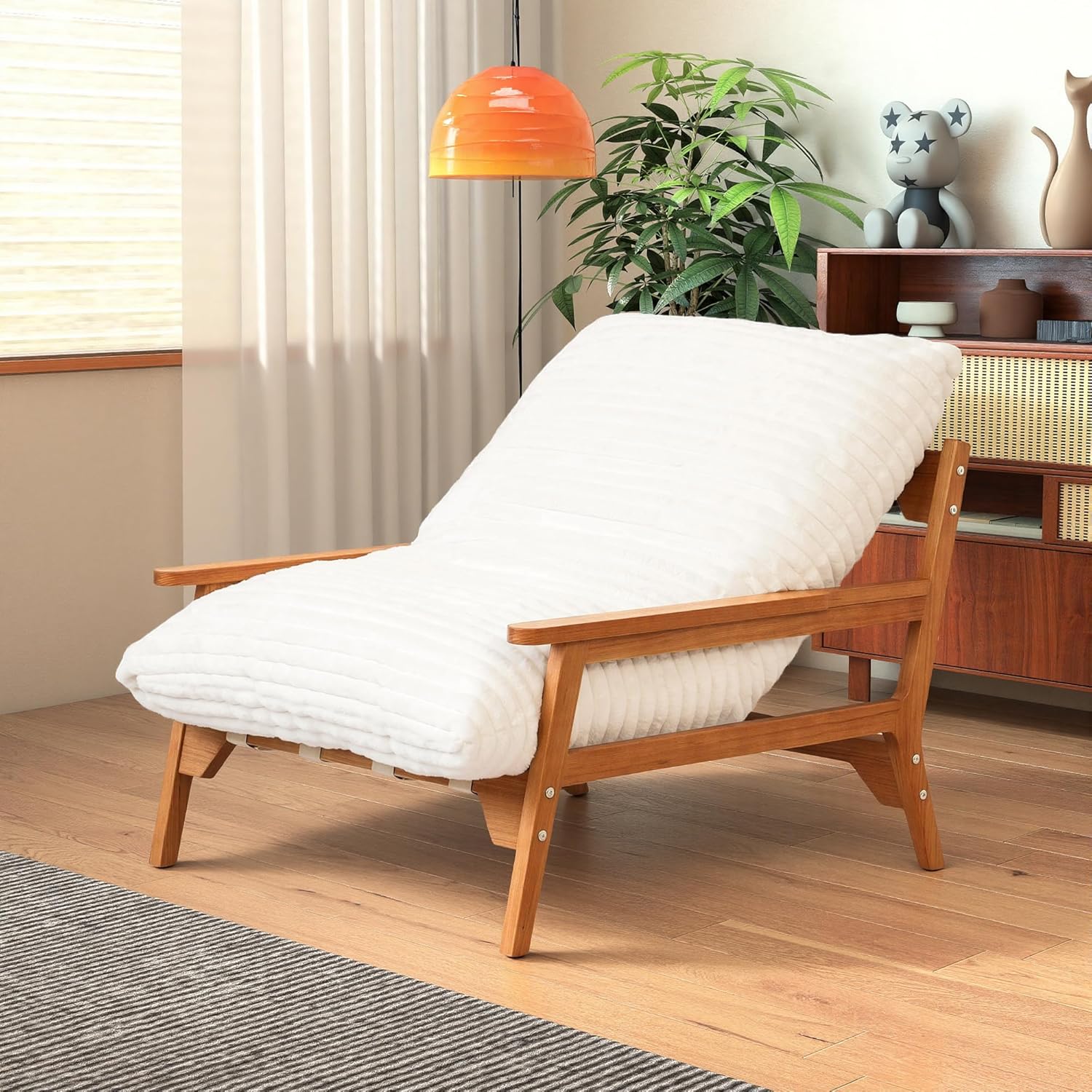 Modern Accent Chair with Ash Wood Armrests | Rabbit Fur Plush Lounge Chair for Living Room Relaxing, Bedroom Napping, Reading, Small Space Decor, Beige