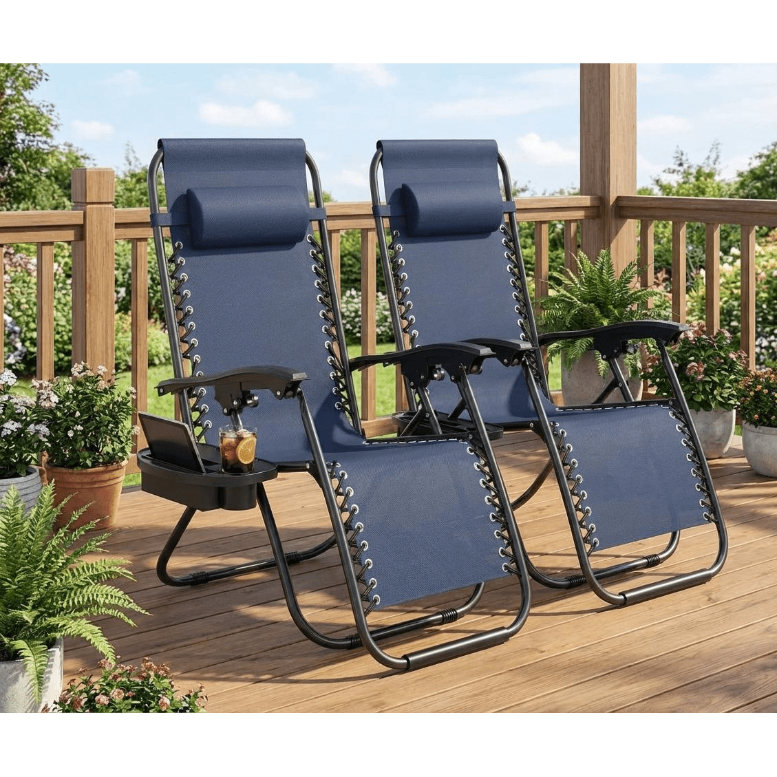 2pcs Chair Set, Outdoor Patio Lounge Chairs with Pillow And Cup Holder Tray, Adjustable Reclining Folding Portable Chairs for Camping, Deck, Beach, Yard And Garden