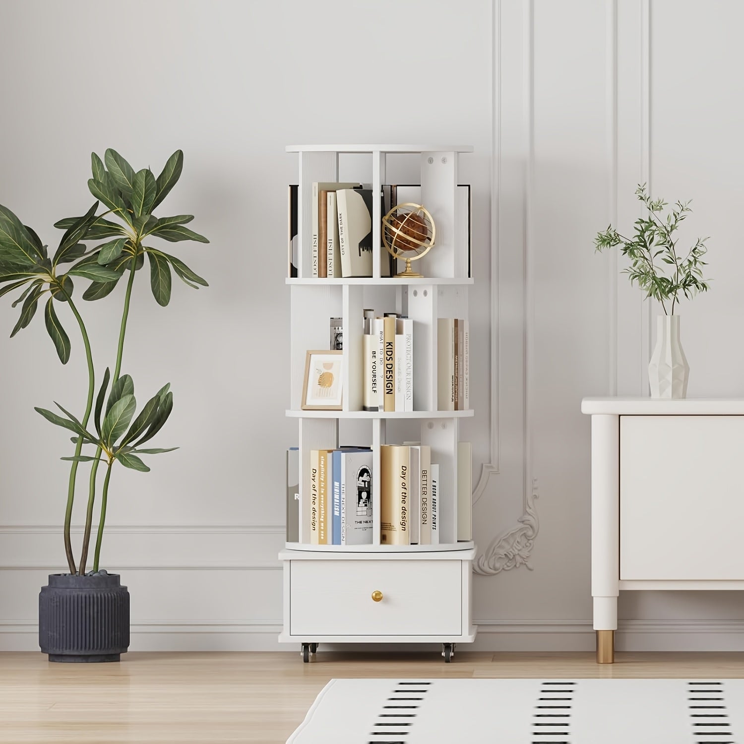 Three-Level Rotating Bookcase with Drawers on Wheels, 360-Degree Spinning Corner Shelf, Sturdy Wooden Storage Tower for Adults, Slim Organizer for Bedroom, Home Office, And Study Area