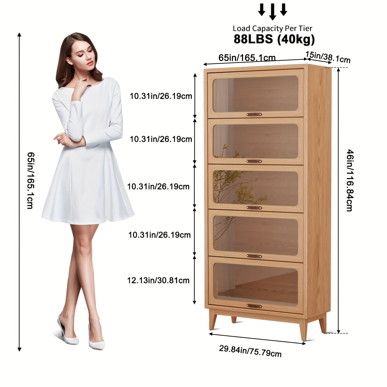 : Solid Wood Bookshelf with Glass Doors, Floor-Standing Storage Shelf, Wall-Mounted Narrow Cabinet with Extra Large Capacity, Bedside Bookcase with Storage Space, Christmas Gift, Black Friday Product