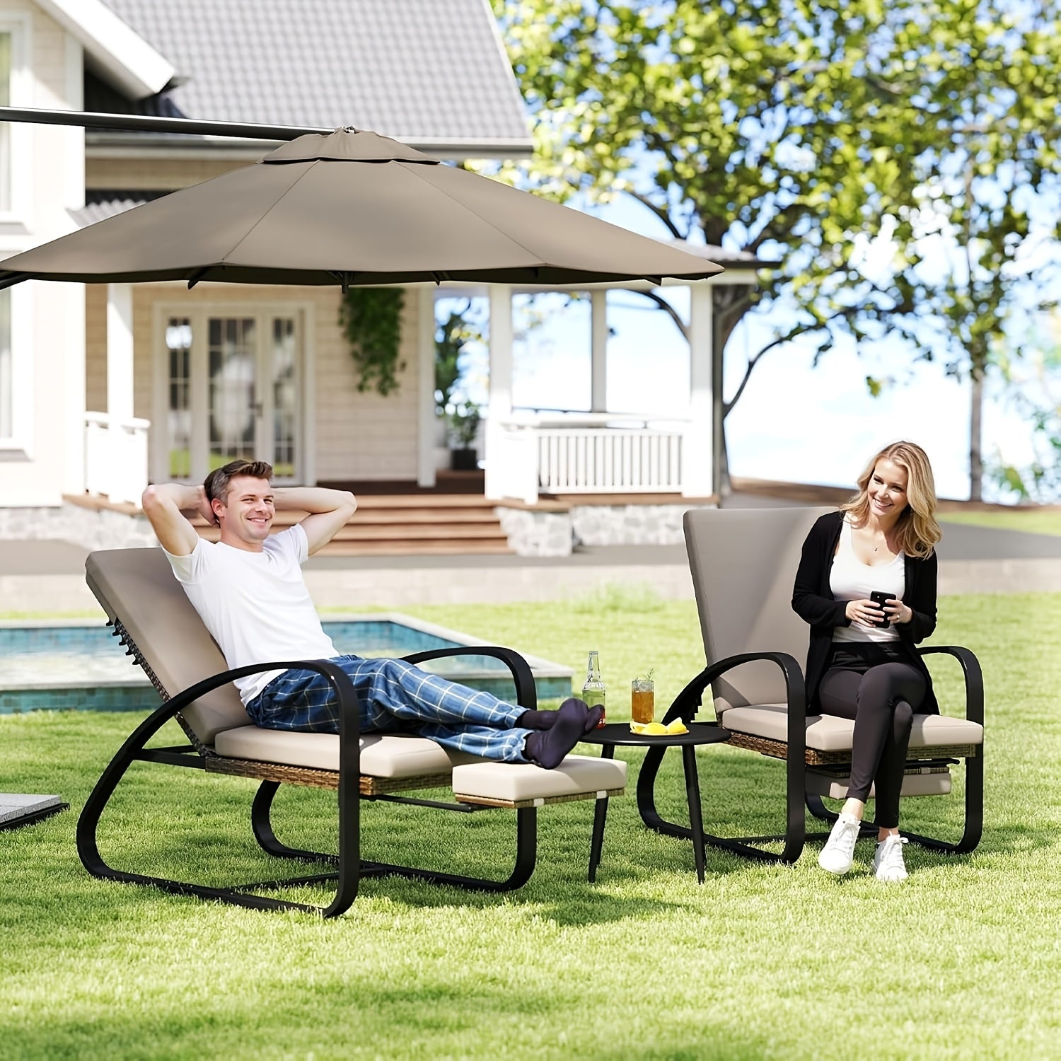 Set with Table Patio Chaise Lounge Chairs, Patio Recliner Chair, Outdoor Furniture Set 5-Position Adjustable, Outdoor, Bench for Deck, Lawn, Garden