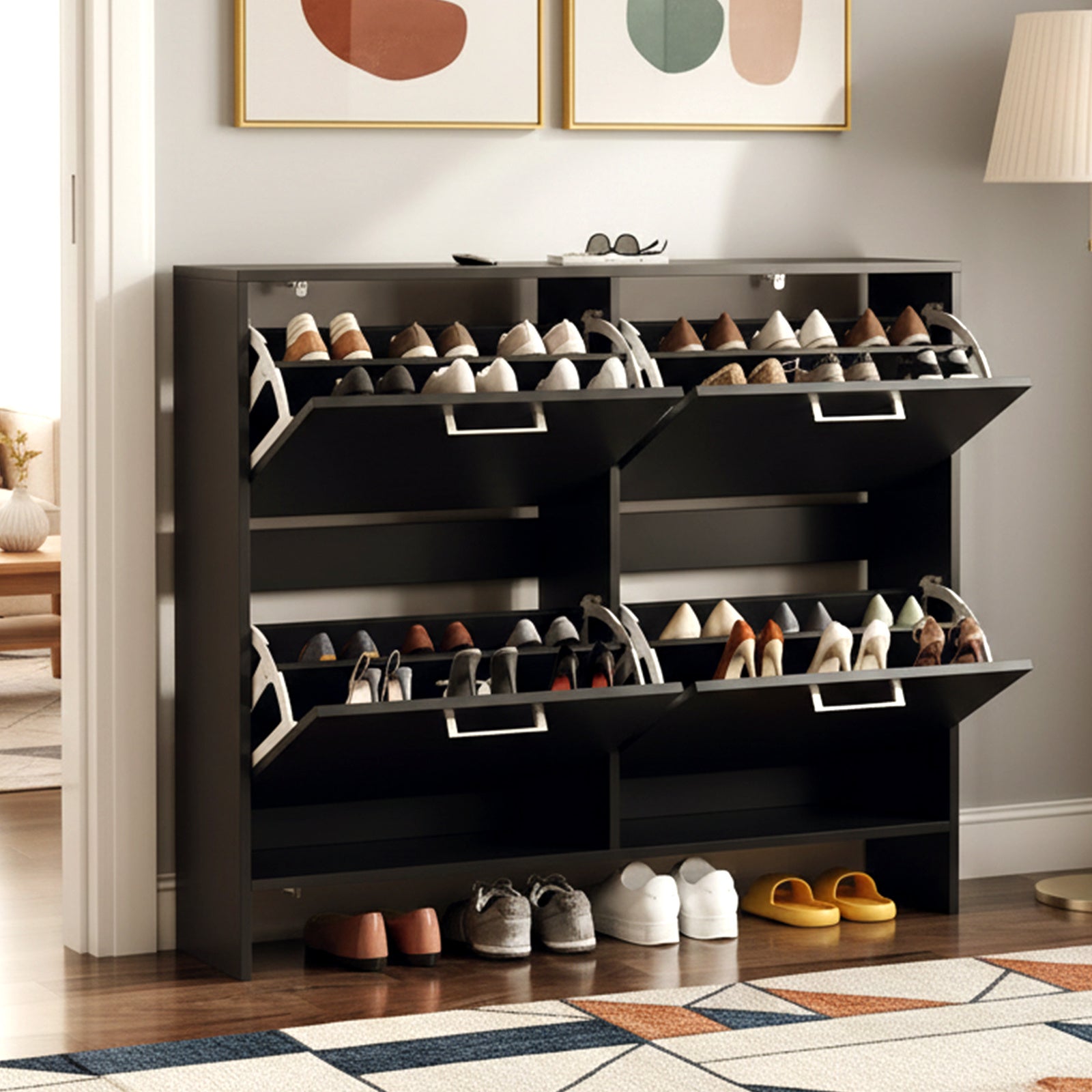 4 Flip Drawers Shoe Cabinet | Slim Shoe Organizer With Adjustable Shelf, Freestanding Hidden Shoe Cabinet For Entryway Hallway, Made Of Particle Board, Modern Style By Leadzm