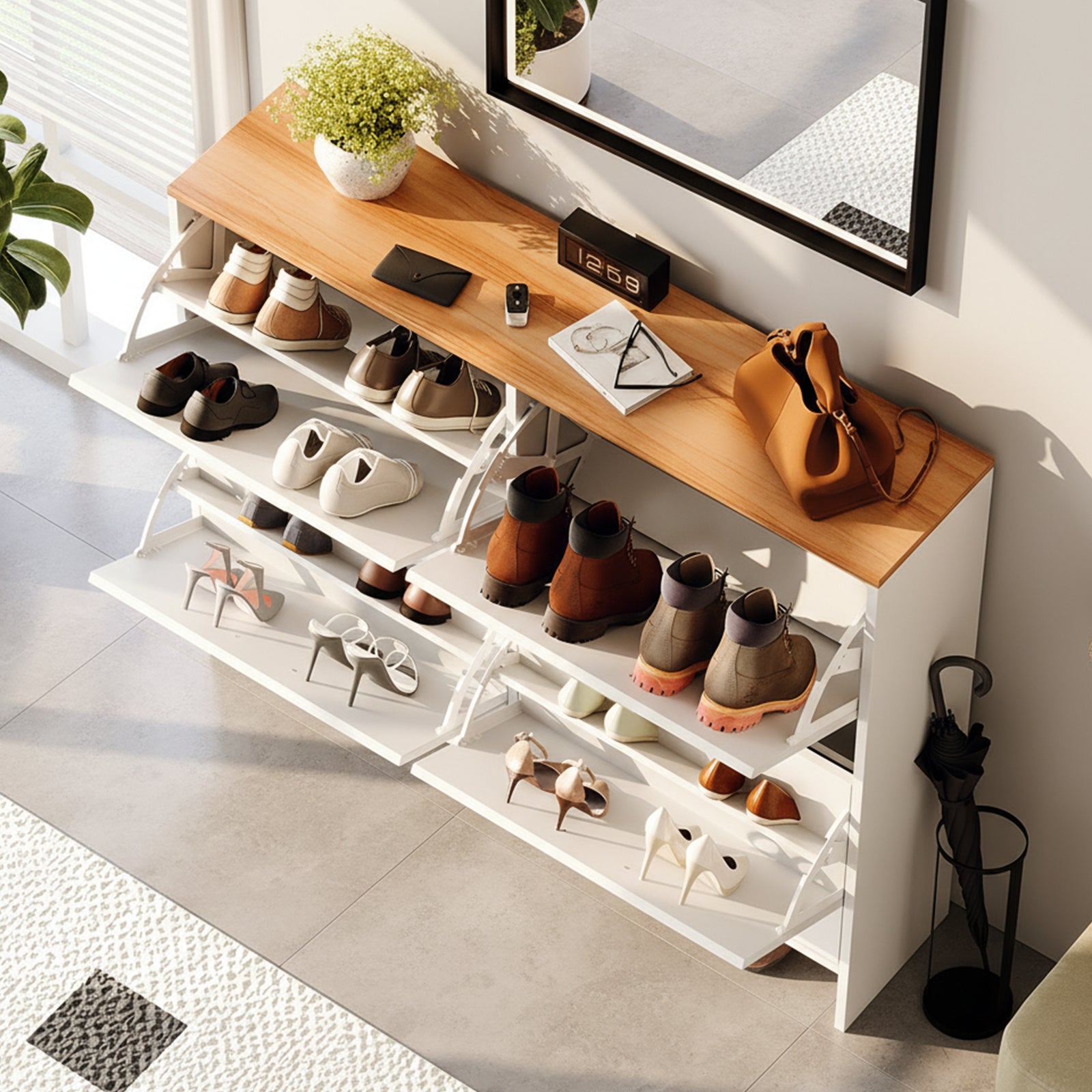 4 Flip Drawers Shoe Cabinet | Slim Shoe Organizer With Adjustable Shelf, Freestanding Hidden Shoe Cabinet For Entryway Hallway, Made Of Particle Board, Modern Style By Leadzm