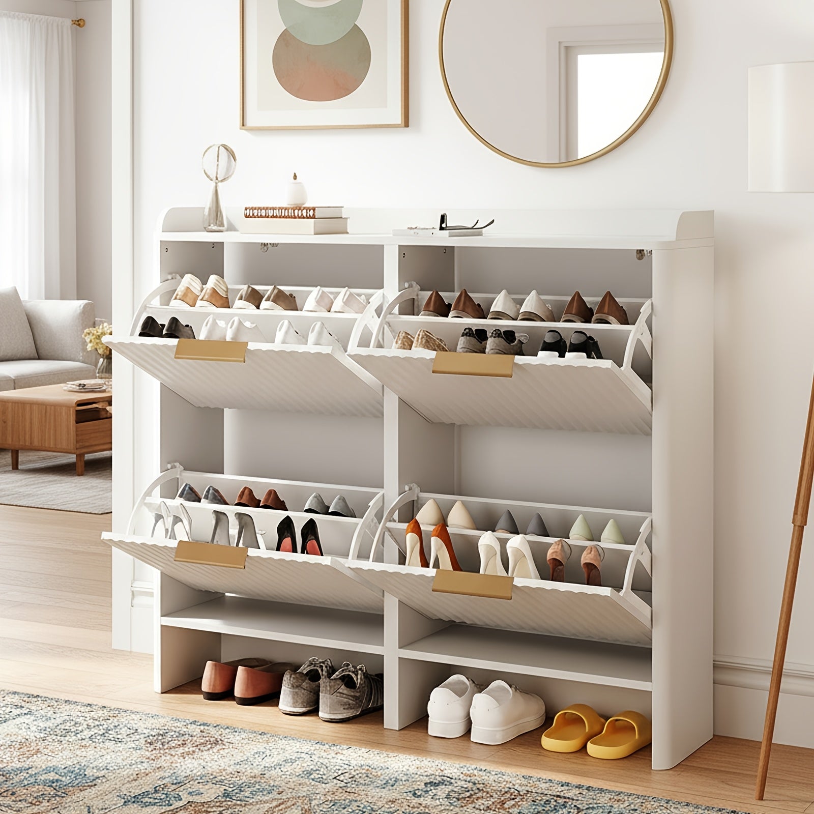 Bonnlo Large Shoe Storage Cabinet with 4 Flip Drawers, Wood Fluted Slim Shoe Organizer with Unique Curved Side Panels, High Capacity Shoe Rack for Hallway Entryway