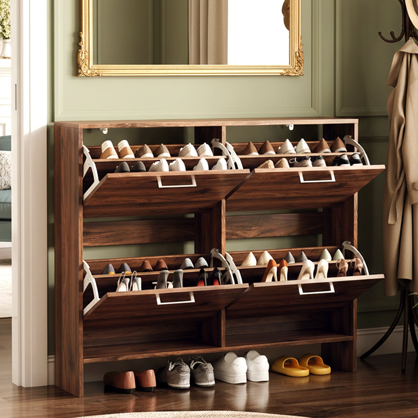 4 Flip Drawers Shoe Cabinet | Slim Shoe Organizer With Adjustable Shelf, Freestanding Hidden Shoe Cabinet For Entryway Hallway, Made Of Particle Board, Modern Style By Leadzm