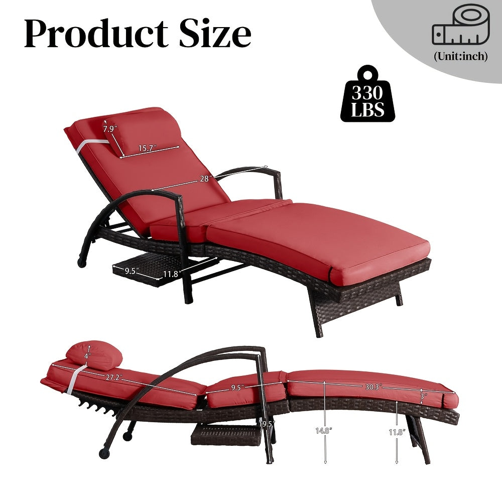 Set Of 2 Chaise Lounge Chairs for Sunbathing, Relaxing, 6-Position Adjustable Outdoor Recliner with Side Table & Wheel, All-Weather PE Rattan Wicker Patio Lounge Chair with Removable Cushion for Poolside Backyard Beach