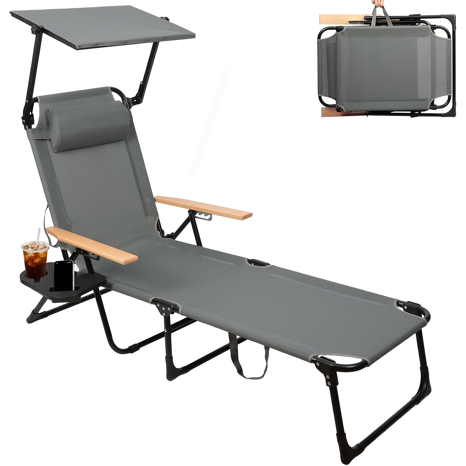 Folding Lounge Chairs for Outside, Beach Patio Lounge Chair with Canopy, Sunbathing\u002FTanning Chair with 4 Adjustable Backrest & Cup & Pillow, Holds 330 Lb, Outdoor Garden Pool