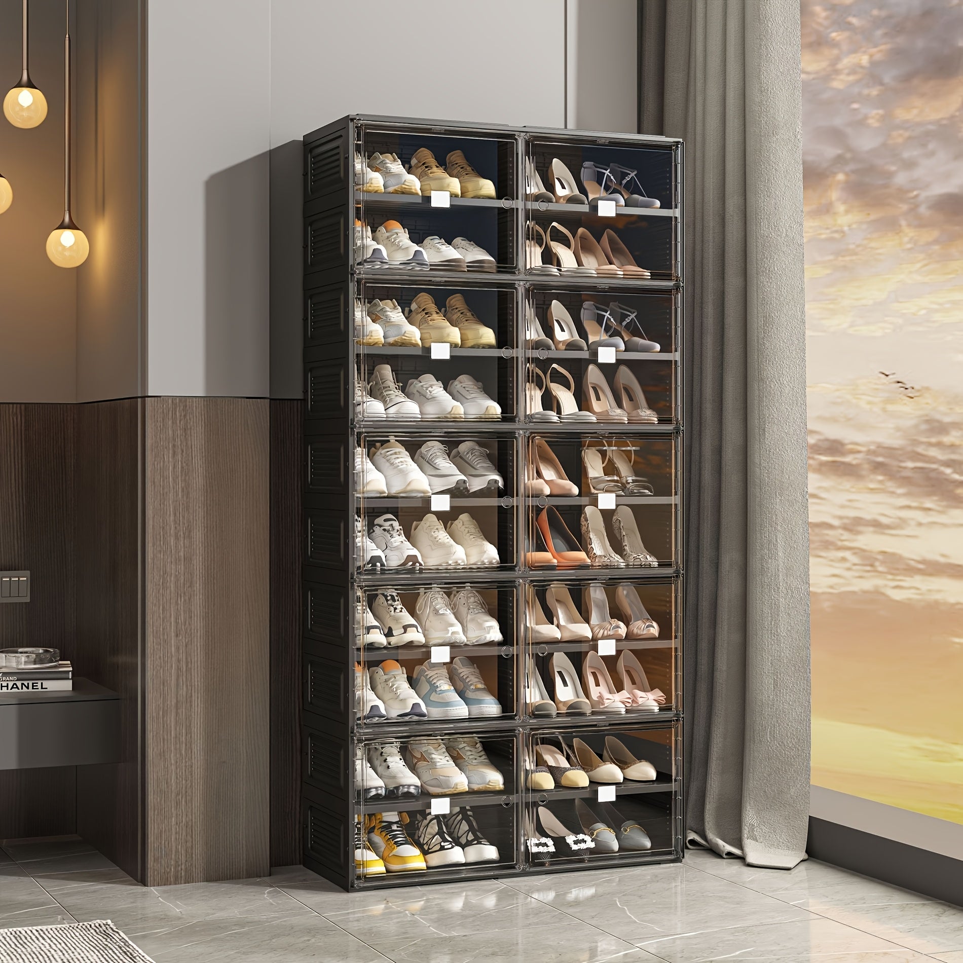 Entryway Door Storage Organizer, No-Installation Folding Shoe Cabinet, 5-Tier Holds 20 Pairs of Shoes, Magnetic Transparent Door with Dust-Proof Closure, Durable Plastic Material, Large Capacity with Multiple Sizes to Meet Family Needs