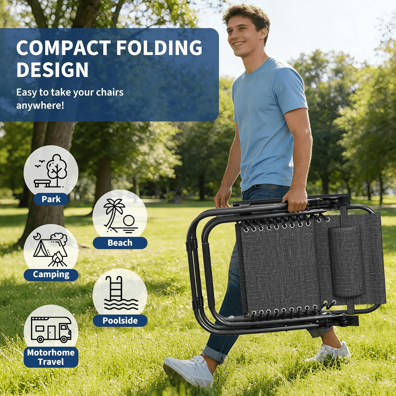 2pcs Chair Set, Outdoor Patio Lounge Chairs with Pillow And Cup Holder Tray, Adjustable Reclining Folding Portable Chairs for Camping, Deck, Beach, Yard And Garden