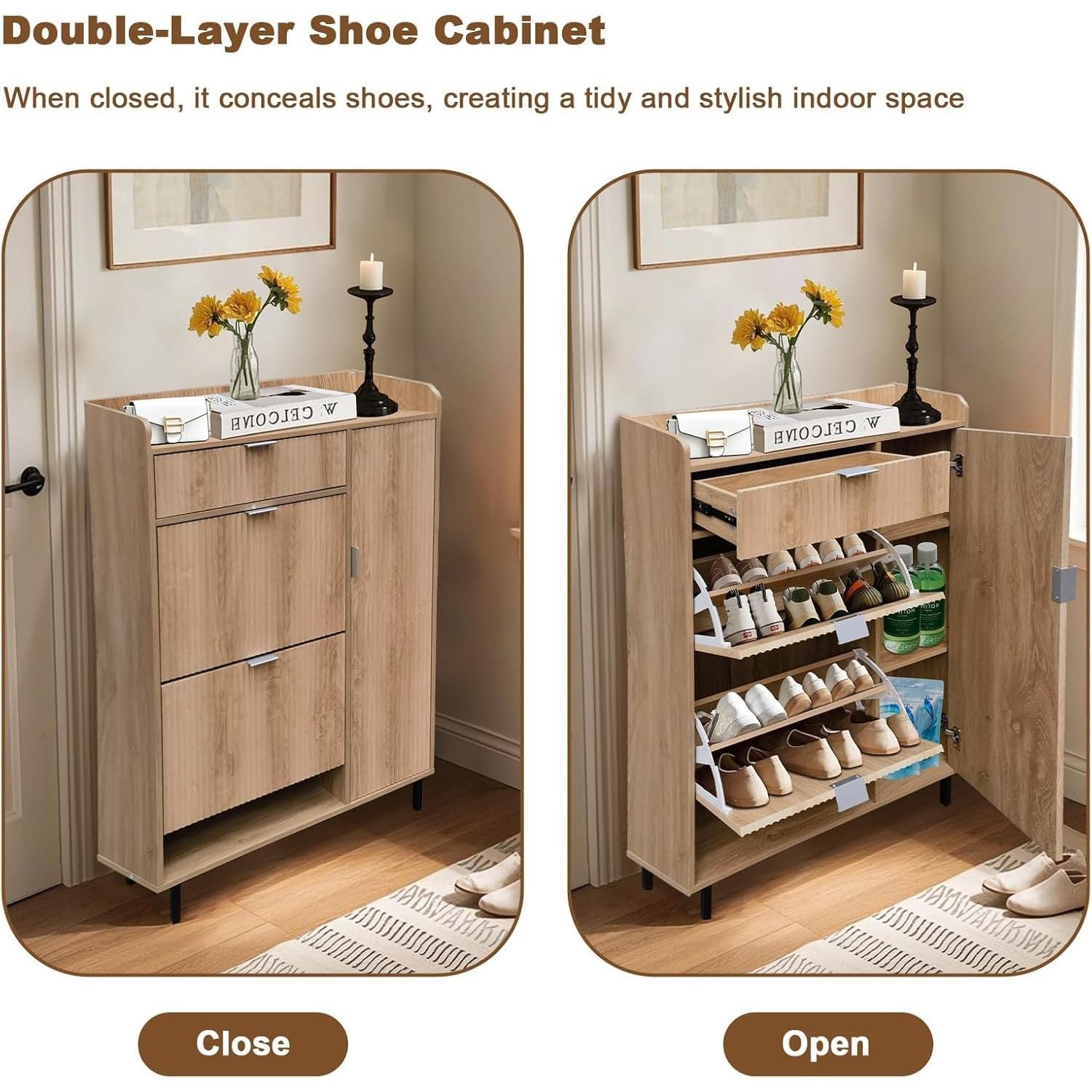 Shoe Storage Cabinet in Oak Narrow Design with Wave Pattern, Includes Double Trays, One Drawer, And Robust Metal Legs for Organizing Your Entryway