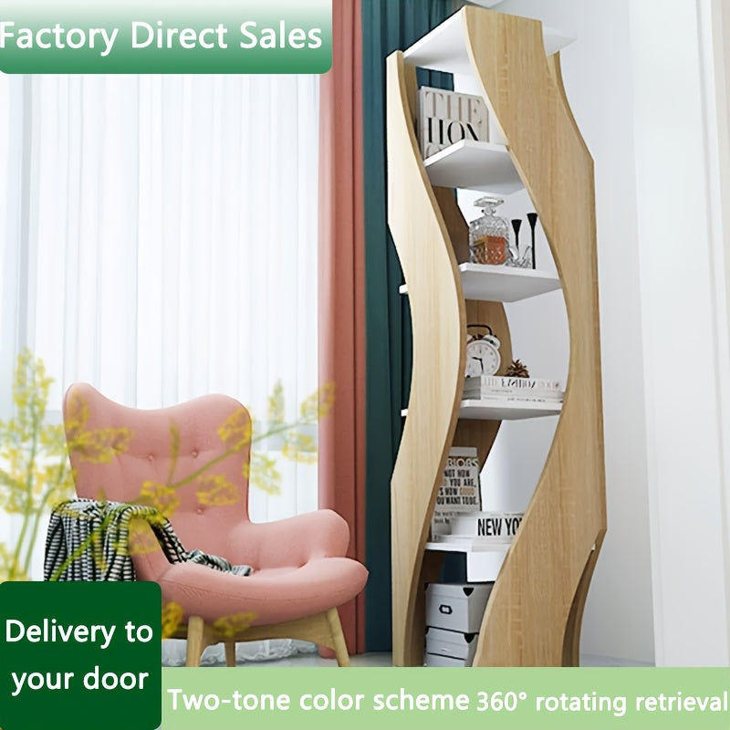 5-Tier Rotating Bookshelf with Corner Shelves - Space-Saving Turnable Bookcase Suitable for Small Spaces, Softwood Freestanding Storage Tower, Modern Rotating Shelves for Home, Office,, Assembly, Wood Color (No)