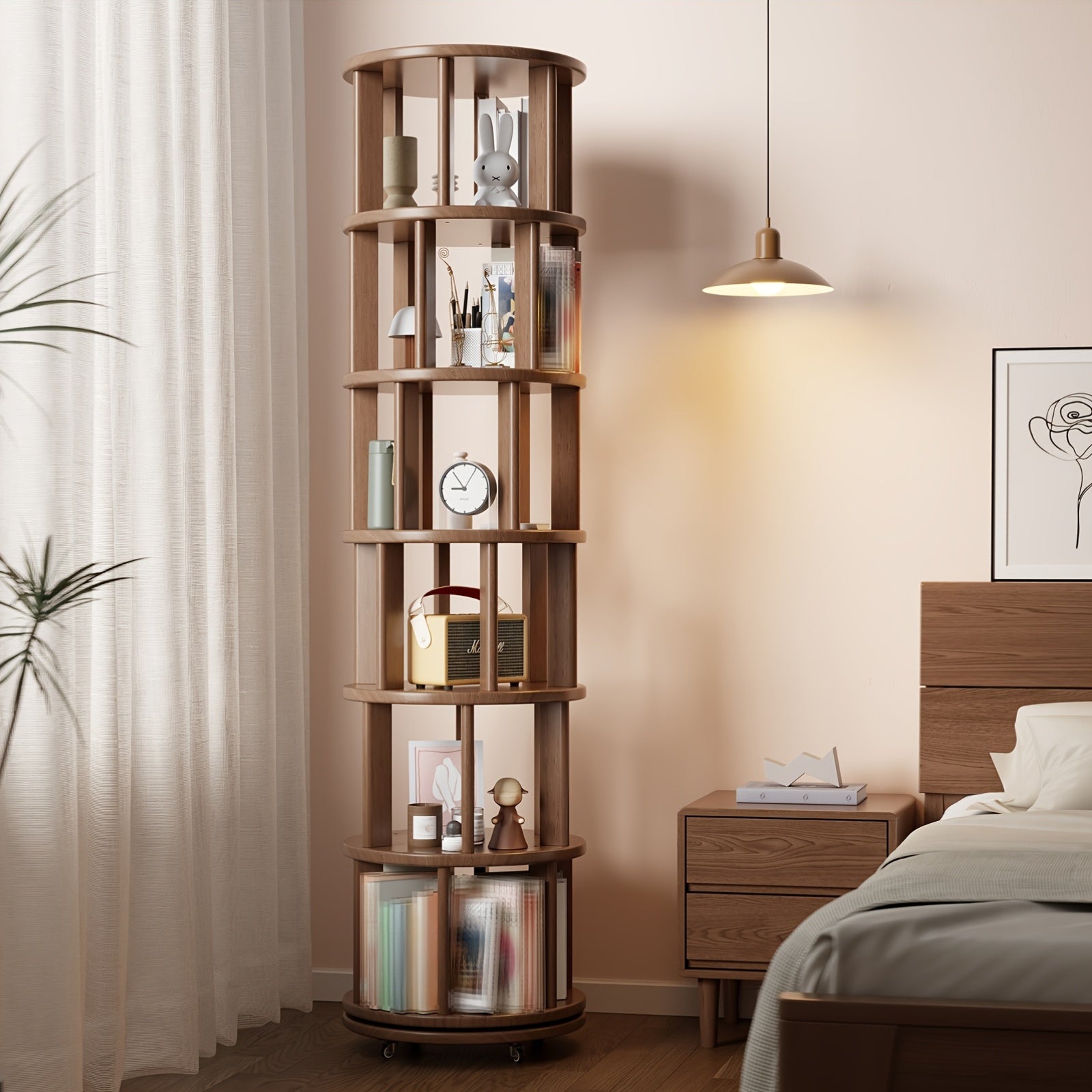 A 4\u002F6-Layer Solid Wood Bookshelf Storage Cabinet That Rotates 360°. This Festive Living Room Furniture Comes with Limited-Time Special Deals. Available in Three Styles