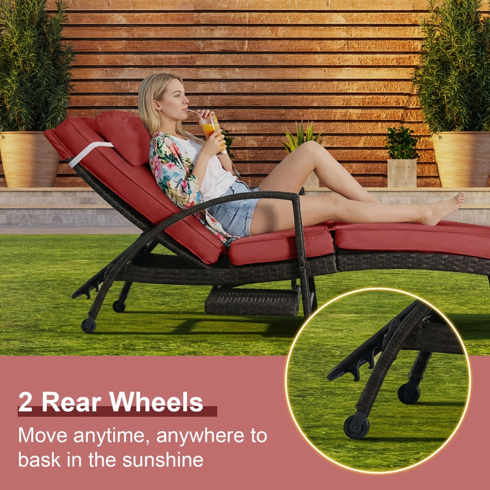 Set Of 2 Chaise Lounge Chairs for Sunbathing, Relaxing, 6-Position Adjustable Outdoor Recliner with Side Table & Wheel, All-Weather PE Rattan Wicker Patio Lounge Chair with Removable Cushion for Poolside Backyard Beach