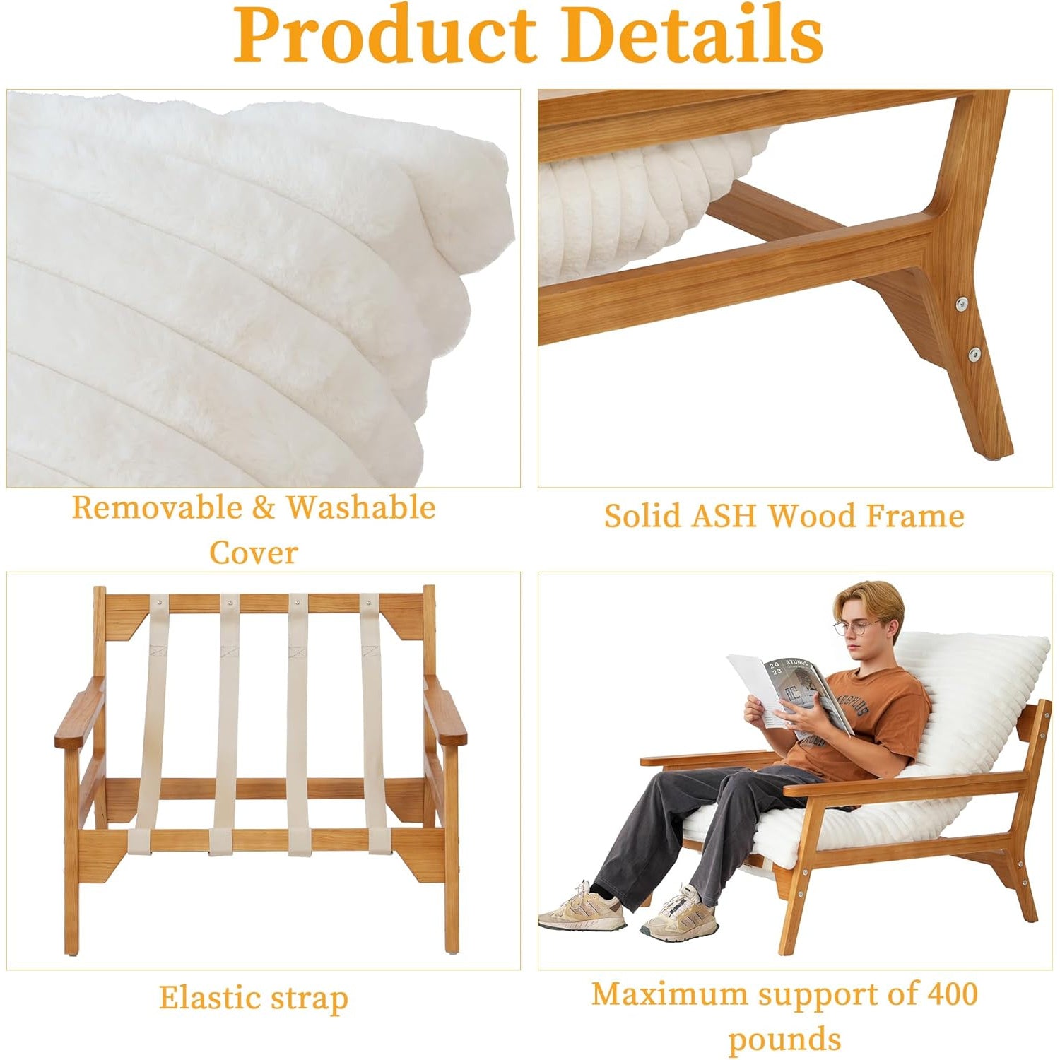 Modern Accent Chair with Ash Wood Armrests | Rabbit Fur Plush Lounge Chair for Living Room Relaxing, Bedroom Napping, Reading, Small Space Decor, Beige