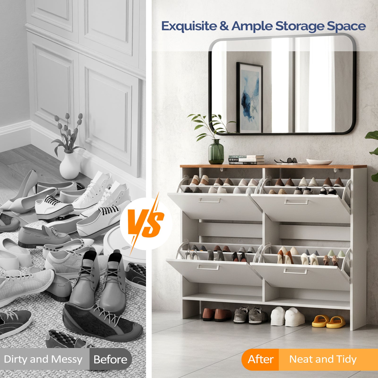 4 Flip Drawers Shoe Cabinet | Slim Shoe Organizer With Adjustable Shelf, Freestanding Hidden Shoe Cabinet For Entryway Hallway, Made Of Particle Board, Modern Style By Leadzm