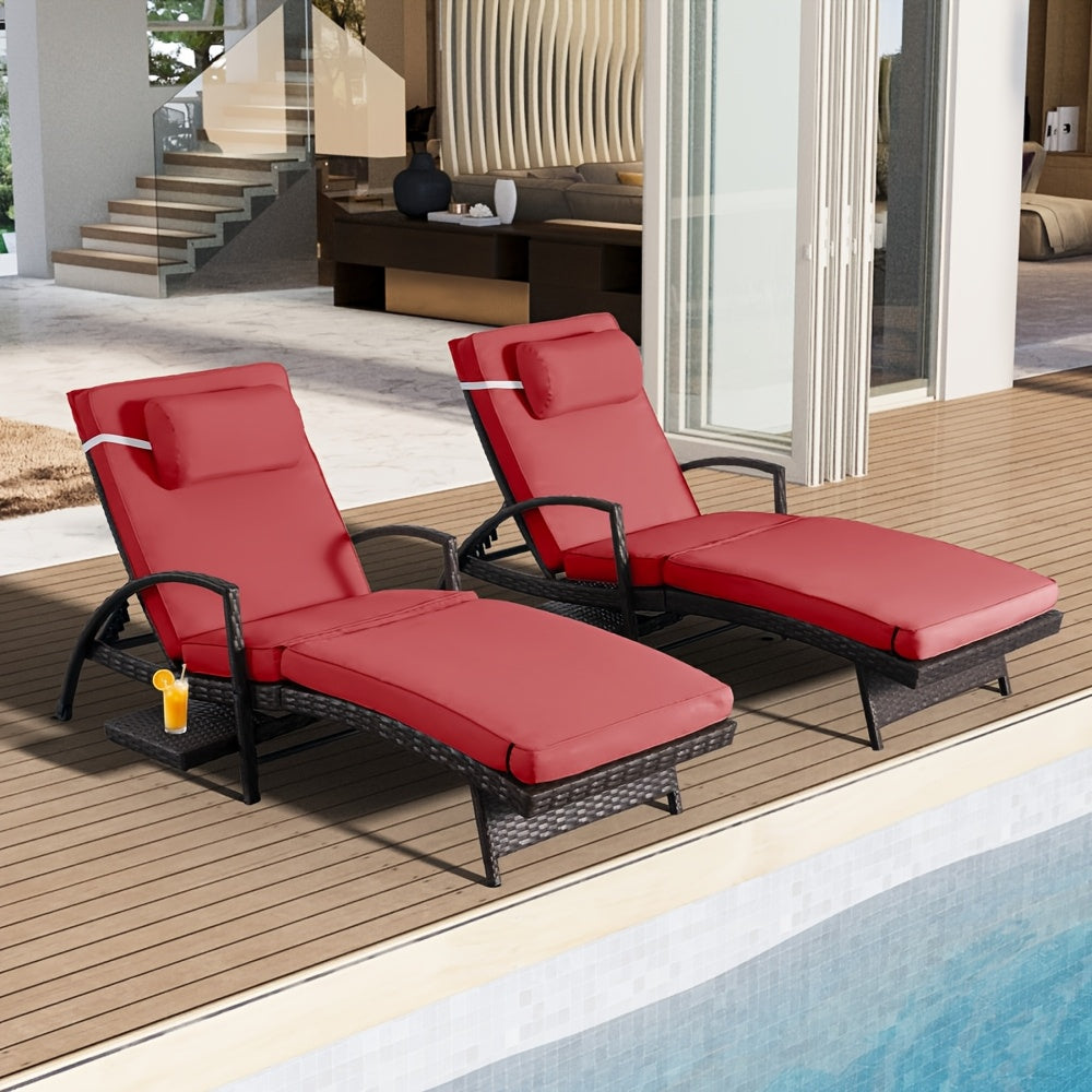 Set Of 2 Chaise Lounge Chairs for Sunbathing, Relaxing, 6-Position Adjustable Outdoor Recliner with Side Table & Wheel, All-Weather PE Rattan Wicker Patio Lounge Chair with Removable Cushion for Poolside Backyard Beach