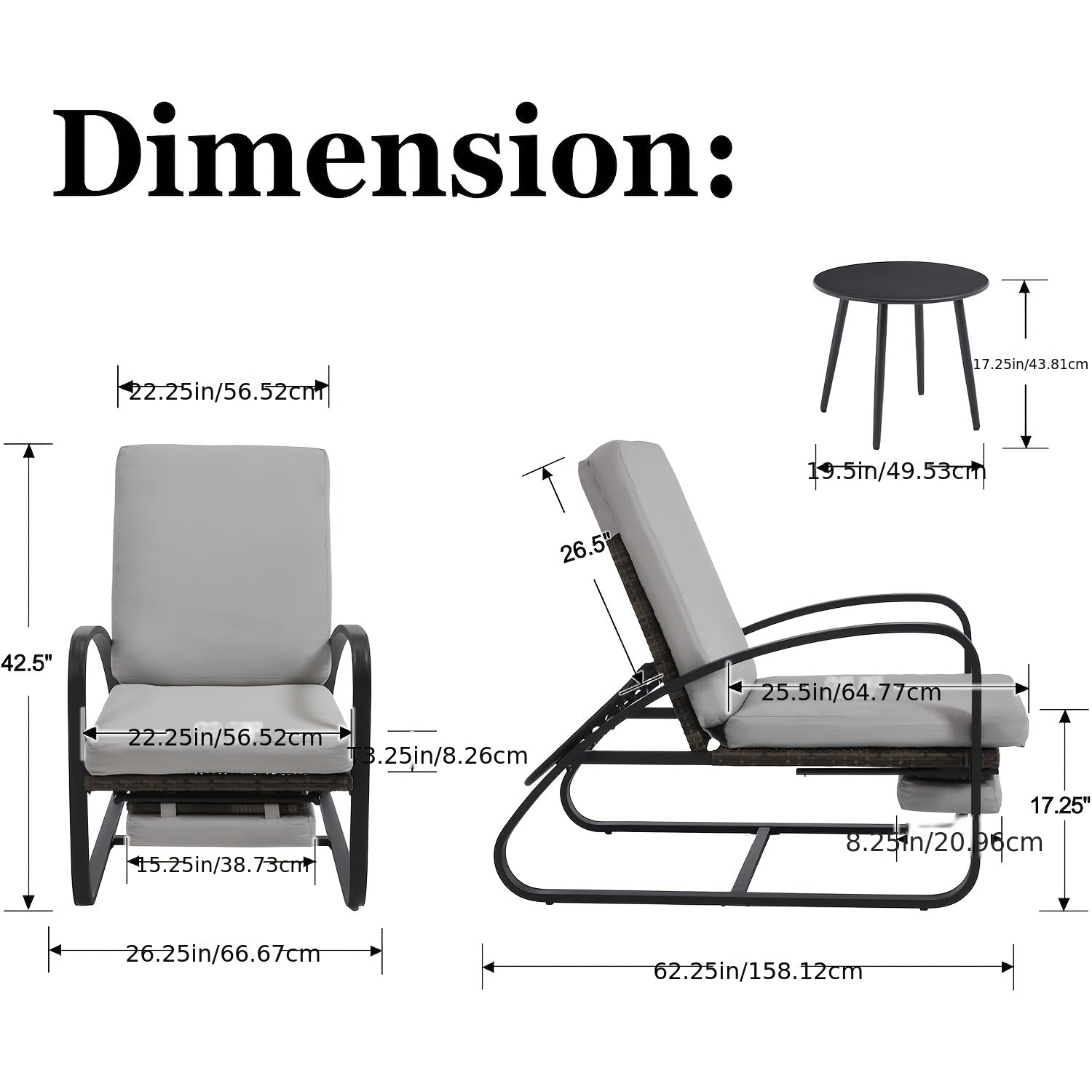 Set with Table Patio Chaise Lounge Chairs, Patio Recliner Chair, Outdoor Furniture Set 5-Position Adjustable, Outdoor, Bench for Deck, Lawn, Garden