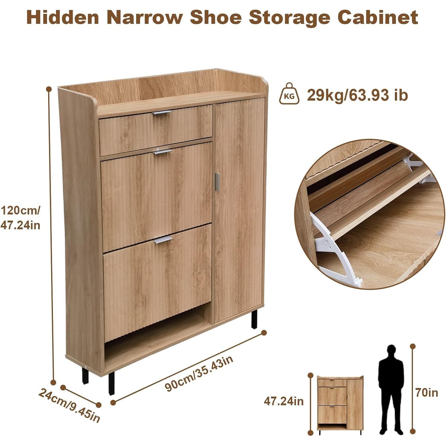 Shoe Storage Cabinet in Oak Narrow Design with Wave Pattern, Includes Double Trays, One Drawer, And Robust Metal Legs for Organizing Your Entryway