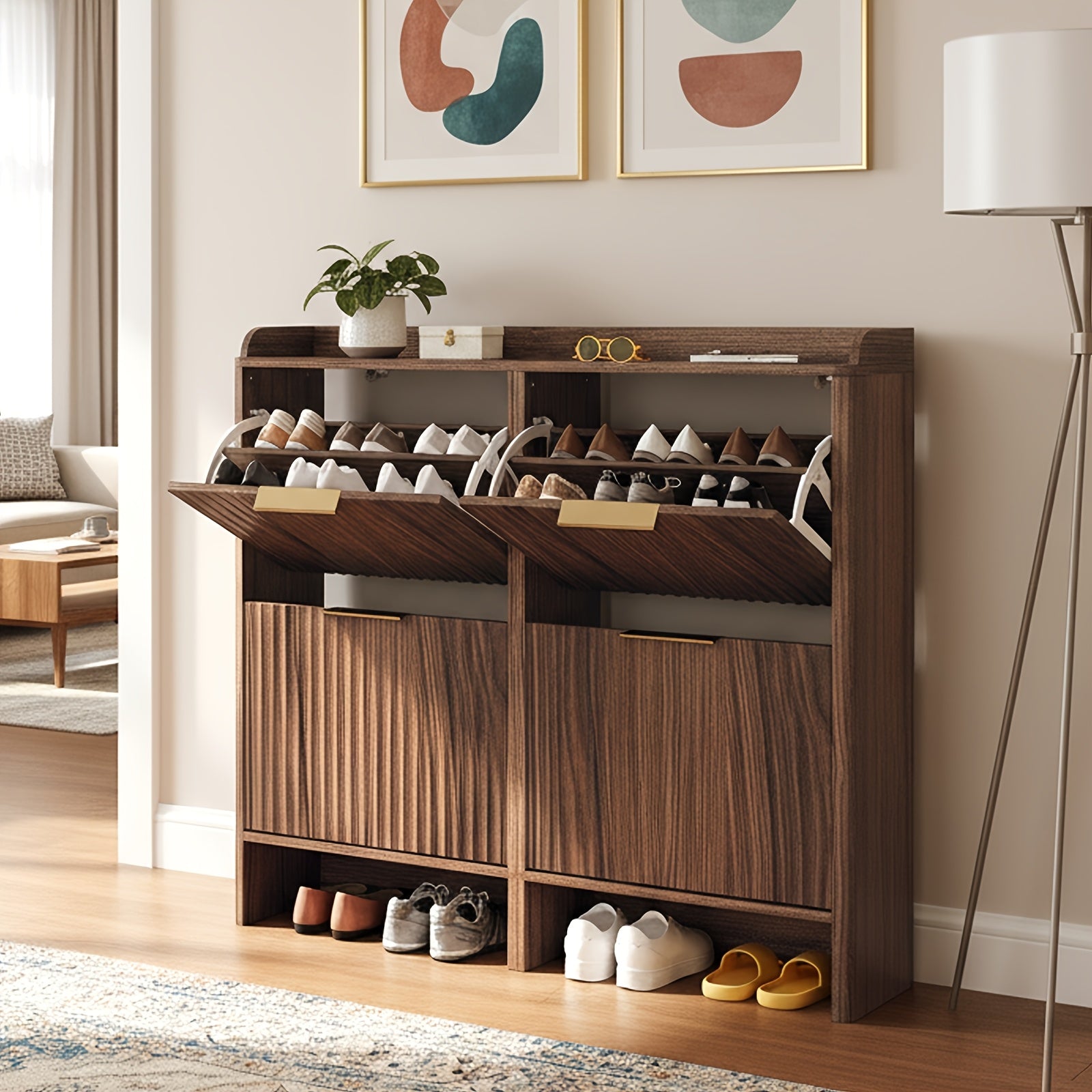 Bonnlo Large Shoe Storage Cabinet with 4 Flip Drawers, Wood Fluted Slim Shoe Organizer with Unique Curved Side Panels, High Capacity Shoe Rack for Hallway Entryway