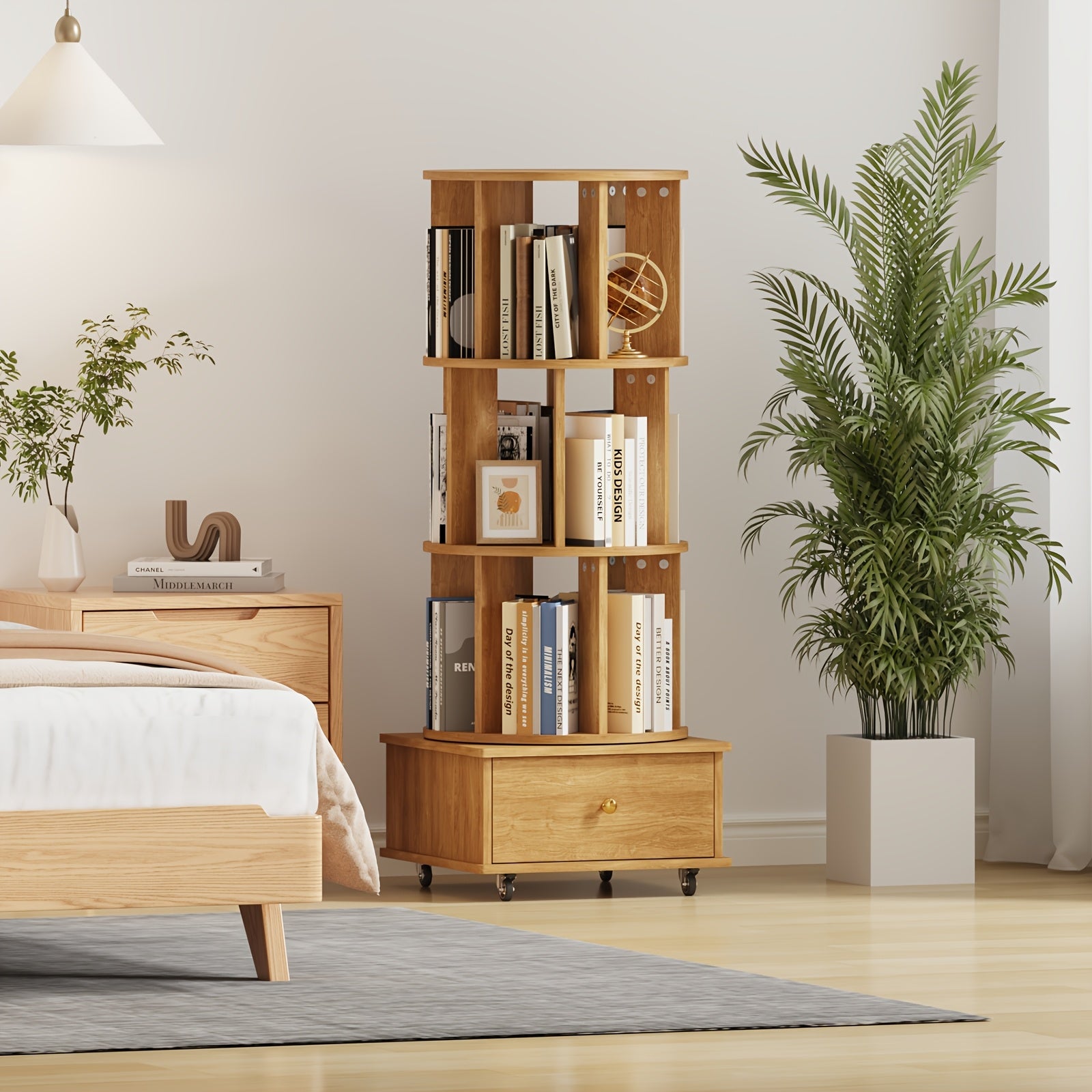 Three-Level Rotating Bookcase with Drawers on Wheels, 360-Degree Spinning Corner Shelf, Sturdy Wooden Storage Tower for Adults, Slim Organizer for Bedroom, Home Office, And Study Area