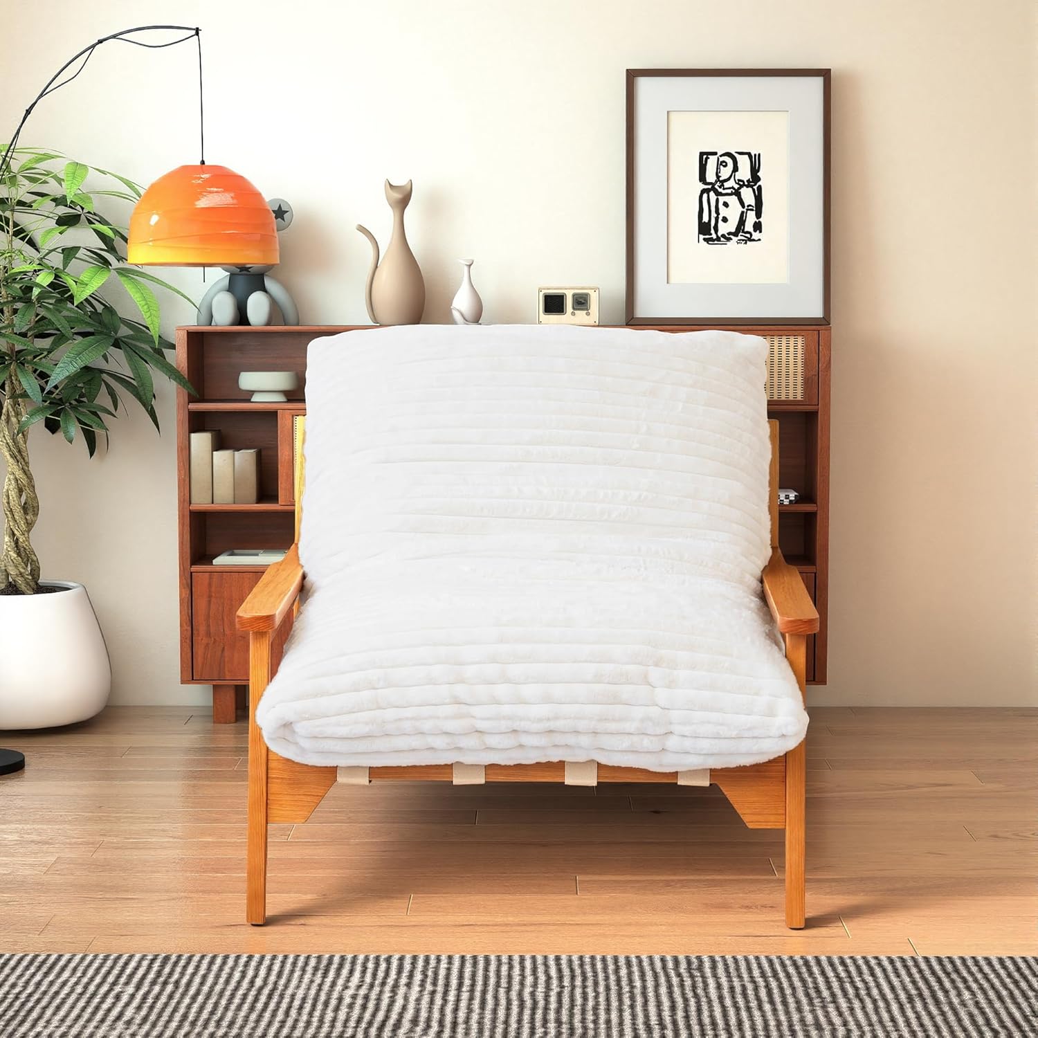 Modern Accent Chair with Ash Wood Armrests | Rabbit Fur Plush Lounge Chair for Living Room Relaxing, Bedroom Napping, Reading, Small Space Decor, Beige