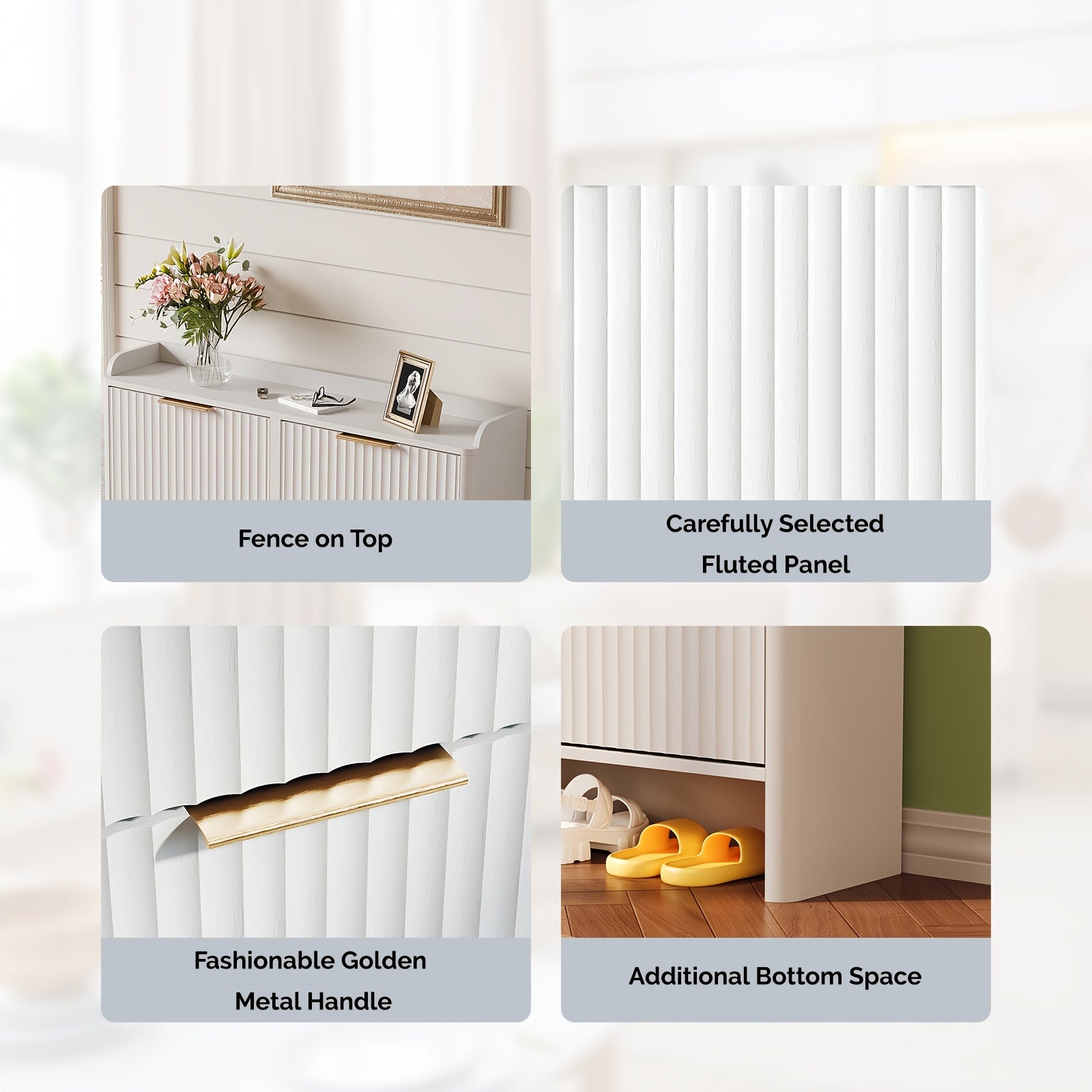 Bonnlo Large Shoe Storage Cabinet with 4 Flip Drawers, Wood Fluted Slim Shoe Organizer with Unique Curved Side Panels, High Capacity Shoe Rack for Hallway Entryway