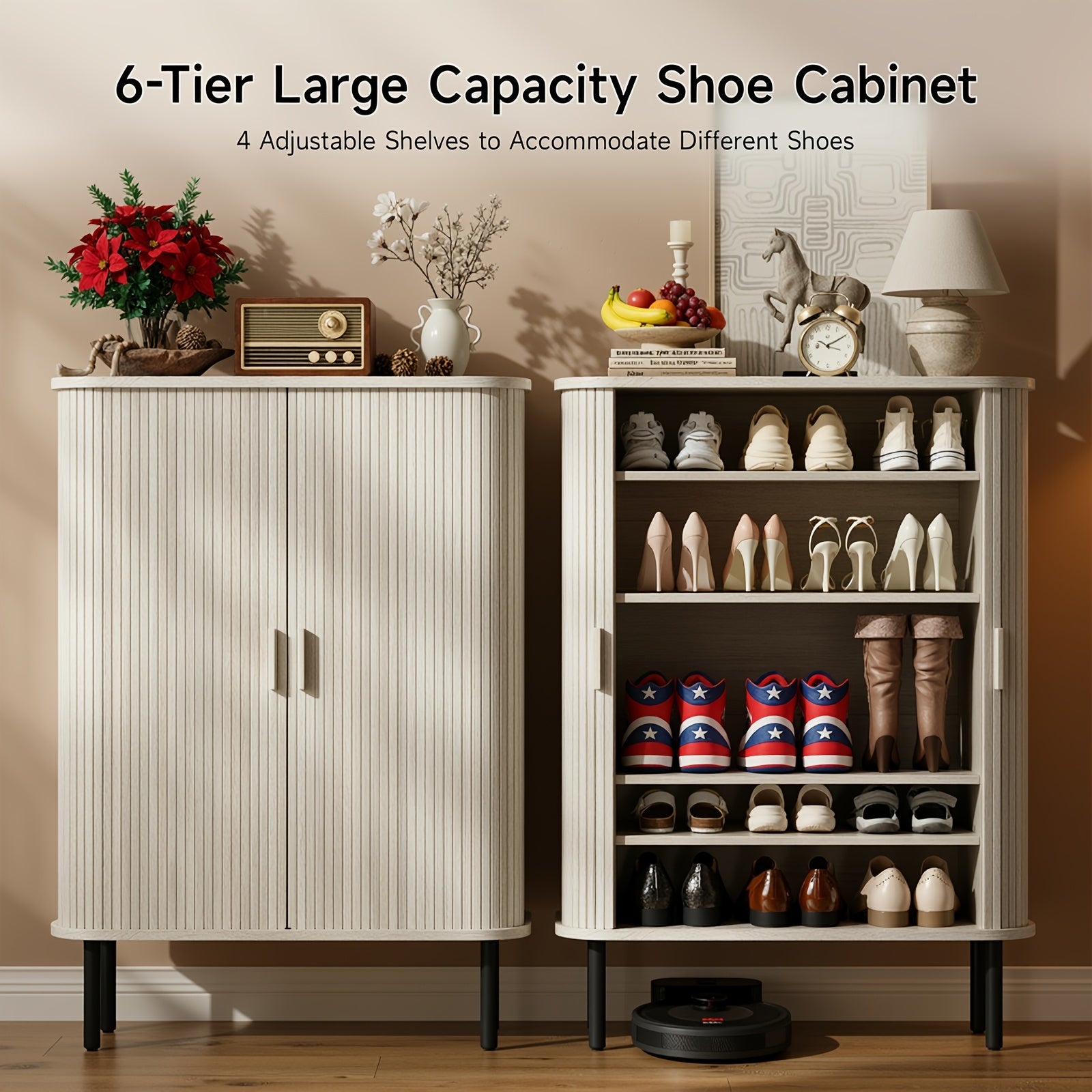 PAZCASA 6-Tier Shoe Cabinet with Sliding Door, Wooden Shoe Storage Cabinet with Adjustable Shelves, Mid-Century Modern Freestanding Shoe Storage Organizer for Entryway, Hallway, Living Room, Walnut