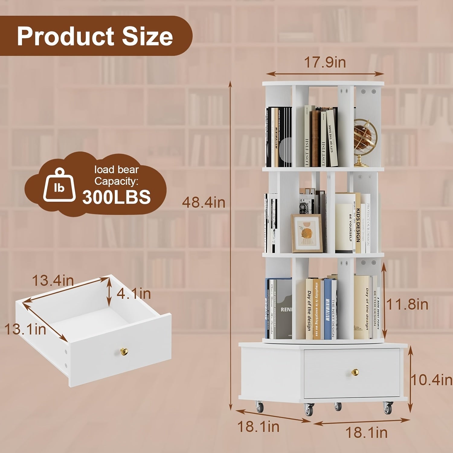 Three-Level Rotating Bookcase with Drawers on Wheels, 360-Degree Spinning Corner Shelf, Sturdy Wooden Storage Tower for Adults, Slim Organizer for Bedroom, Home Office, And Study Area