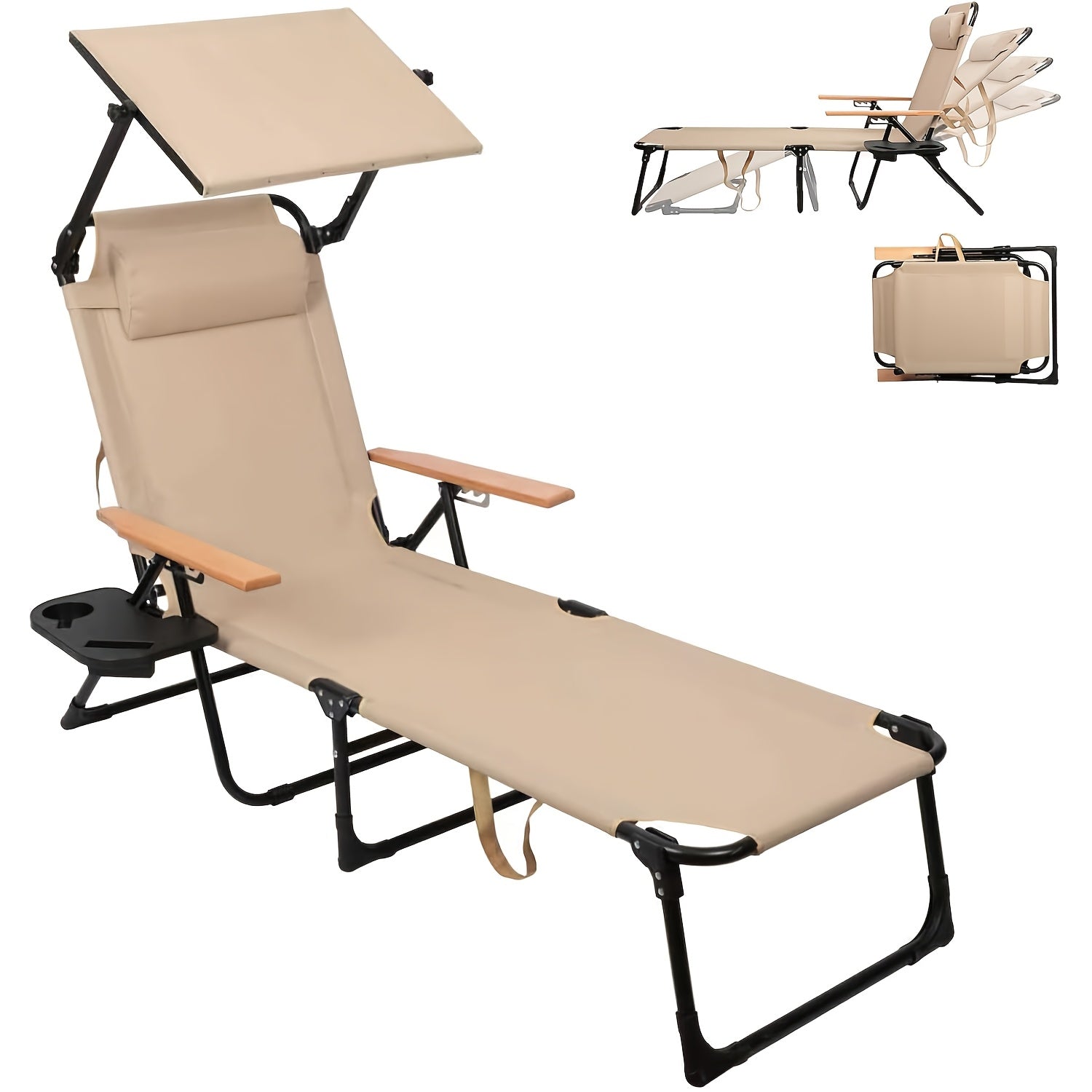 Folding Lounge Chairs for Outside, Beach Patio Lounge Chair with Canopy, Sunbathing\u002FTanning Chair with 4 Adjustable Backrest & Cup & Pillow, Holds 330 Lb, Outdoor Garden Pool
