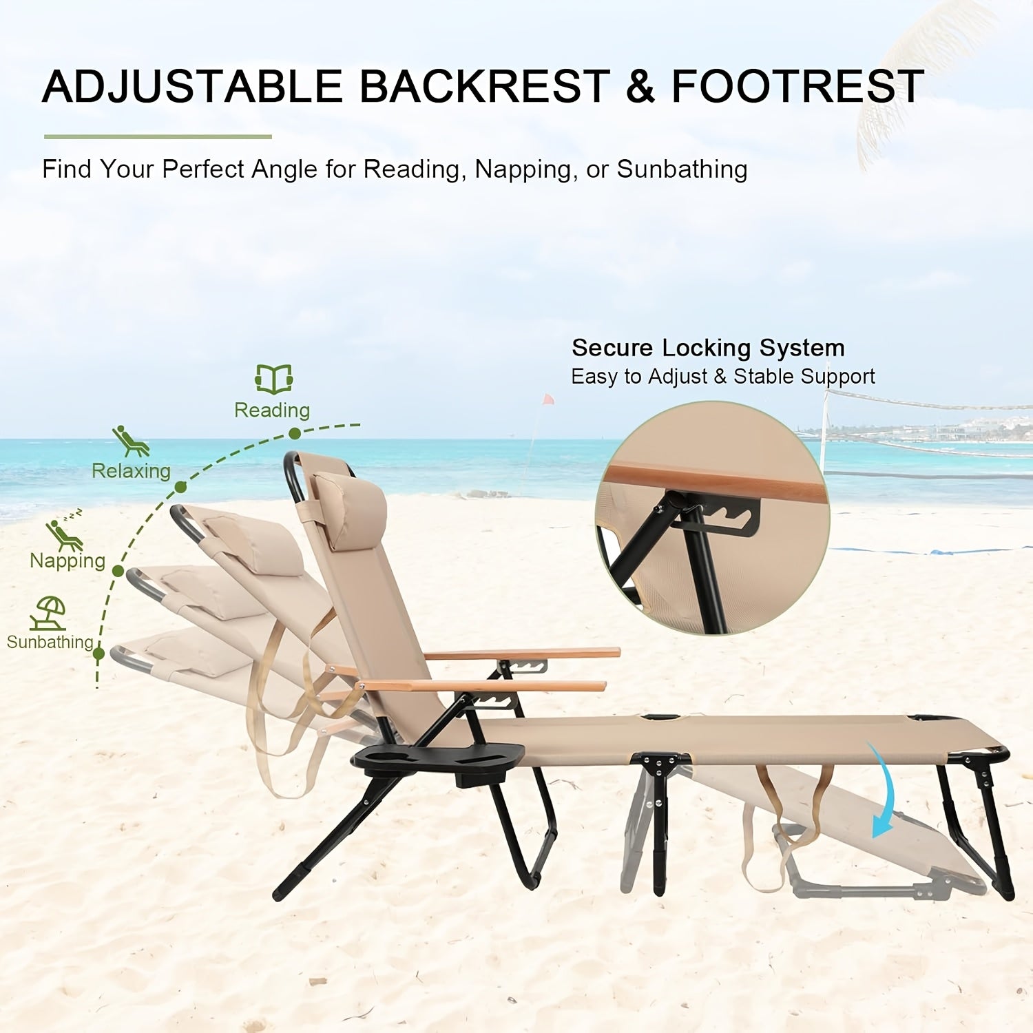 Folding Lounge Chairs for Outside, Beach Patio Lounge Chair with Canopy, Sunbathing\u002FTanning Chair with 4 Adjustable Backrest & Cup & Pillow, Holds 330 Lb, Outdoor Garden Pool