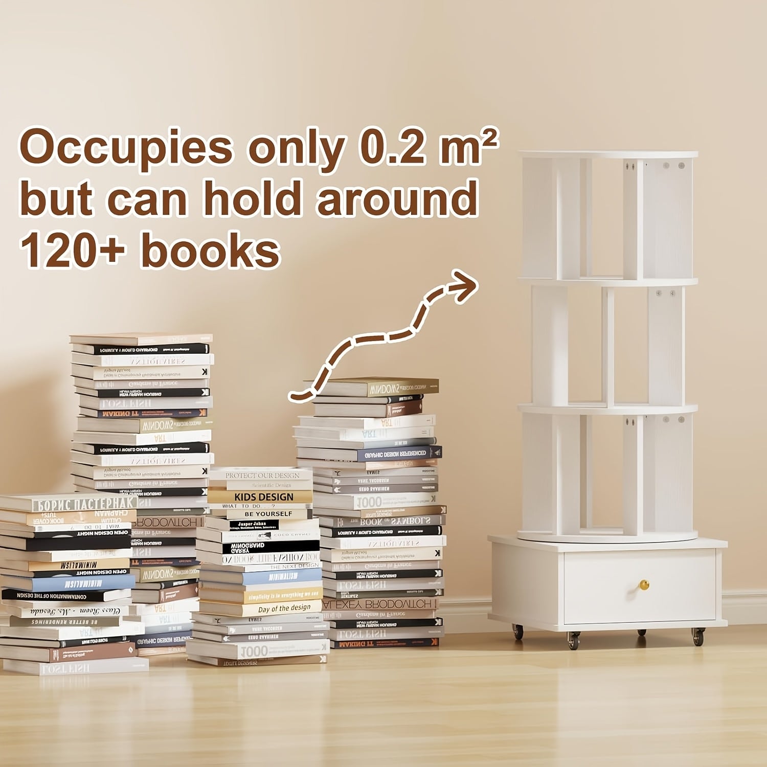 Three-Level Rotating Bookcase with Drawers on Wheels, 360-Degree Spinning Corner Shelf, Sturdy Wooden Storage Tower for Adults, Slim Organizer for Bedroom, Home Office, And Study Area
