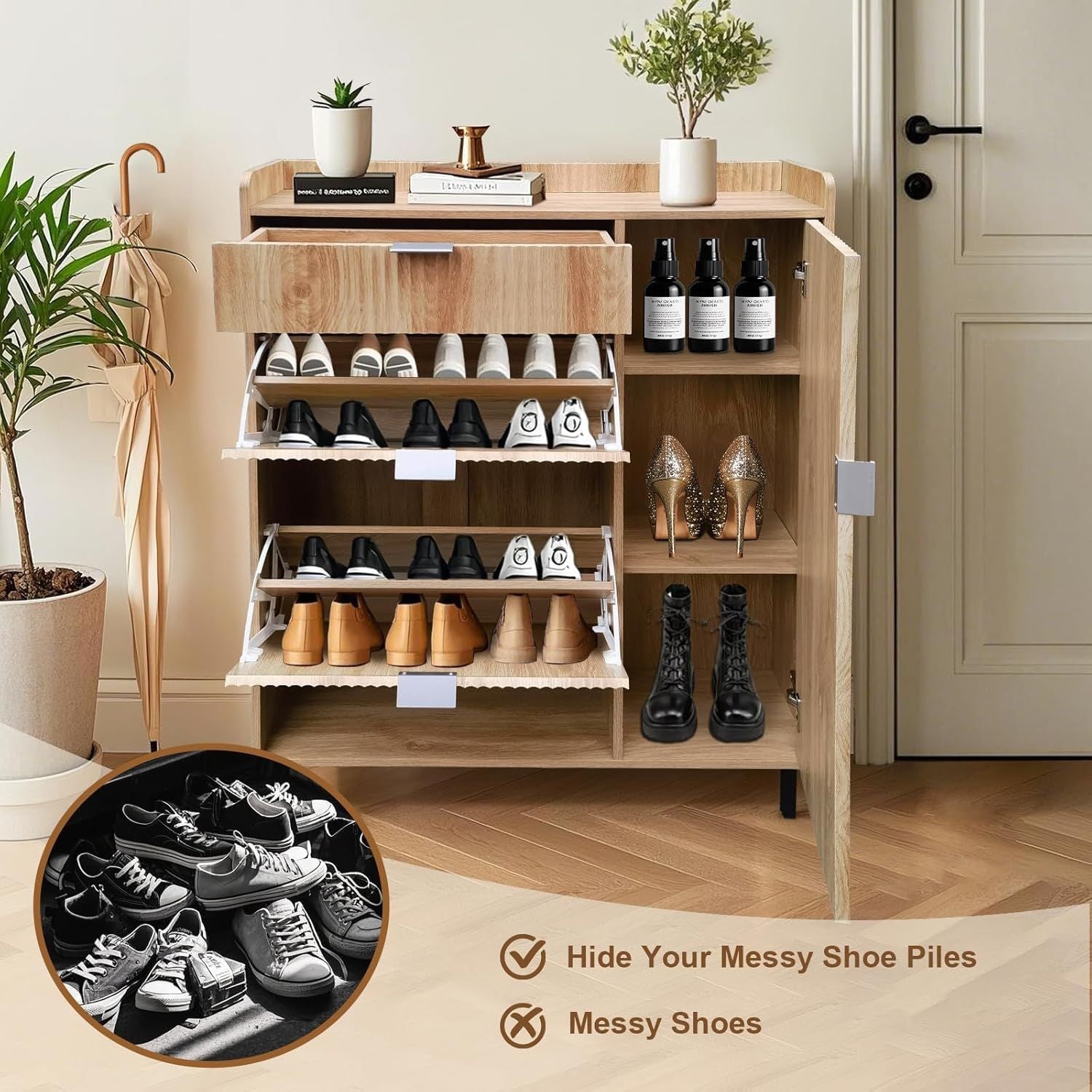 Shoe Storage Cabinet in Oak Narrow Design with Wave Pattern, Includes Double Trays, One Drawer, And Robust Metal Legs for Organizing Your Entryway