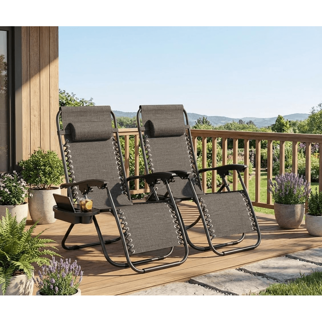 2pcs Chair Set, Outdoor Patio Lounge Chairs with Pillow And Cup Holder Tray, Adjustable Reclining Folding Portable Chairs for Camping, Deck, Beach, Yard And Garden