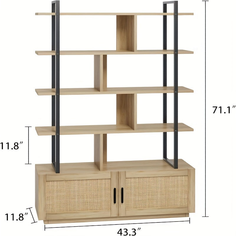 5-Tier Rattan Bookshelf With Storage Cabinet & Doors, 71.1-Inch Tall Industrial Bookcase With Open Shelves, 5-Shelf Display Unit With Metal Frame For Living Room And Bedroom