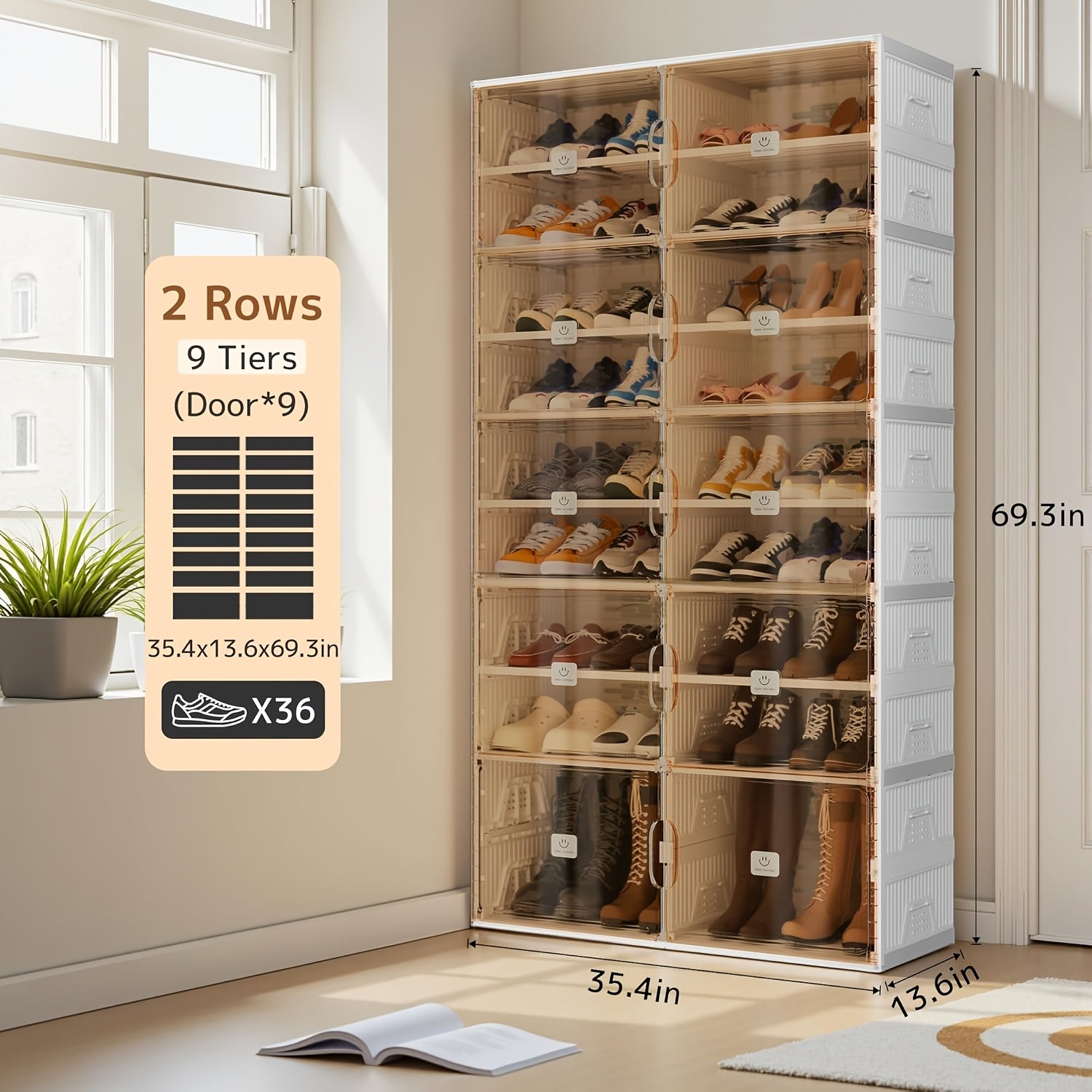 KERDOM Foldable Shoes Rack Storage Cabinet with Clear Doors - Collapsible Stackable Large Capacity 16-40 Shoes Organizer for Boots, Sneakers, Easy Set Up, Portable Shoes Boxes Container Shelf with Cover 16-40 Pairs for Closet, Entryway, Tall Shoes